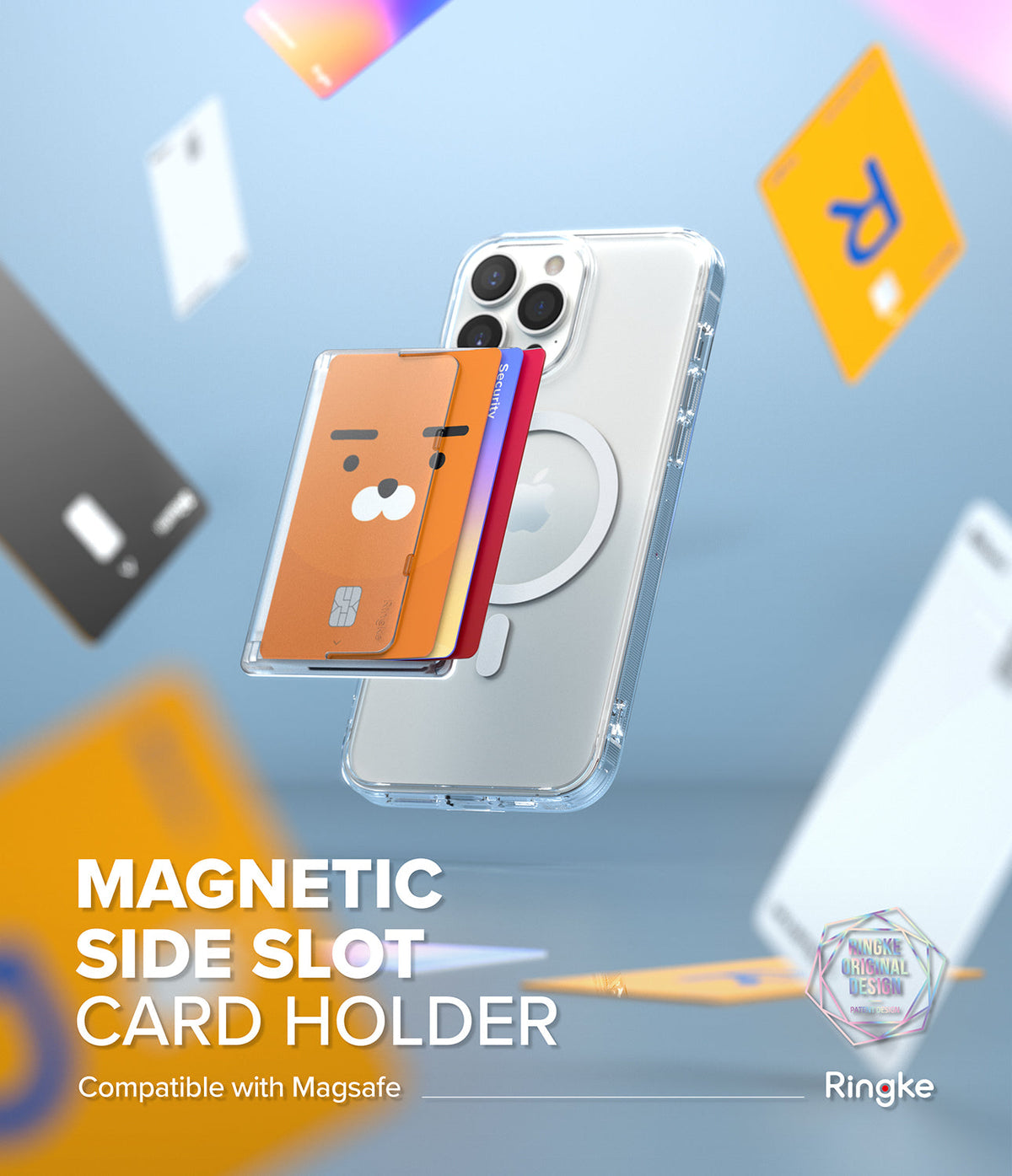 Card Holder | Magnetic Side Slot - A magnetic card holder with a cartoon bear face attached to a clear phone case, surrounded by floating cards.