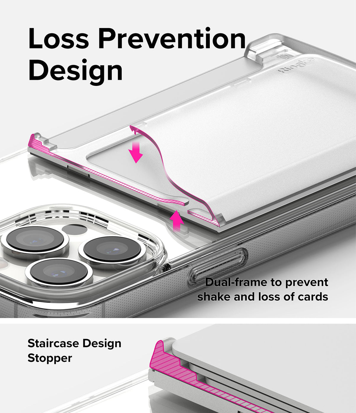 Card Holder | Magnetic Side Slot - Clear phone card holder with a dual-frame design and staircase stopper to secure cards.