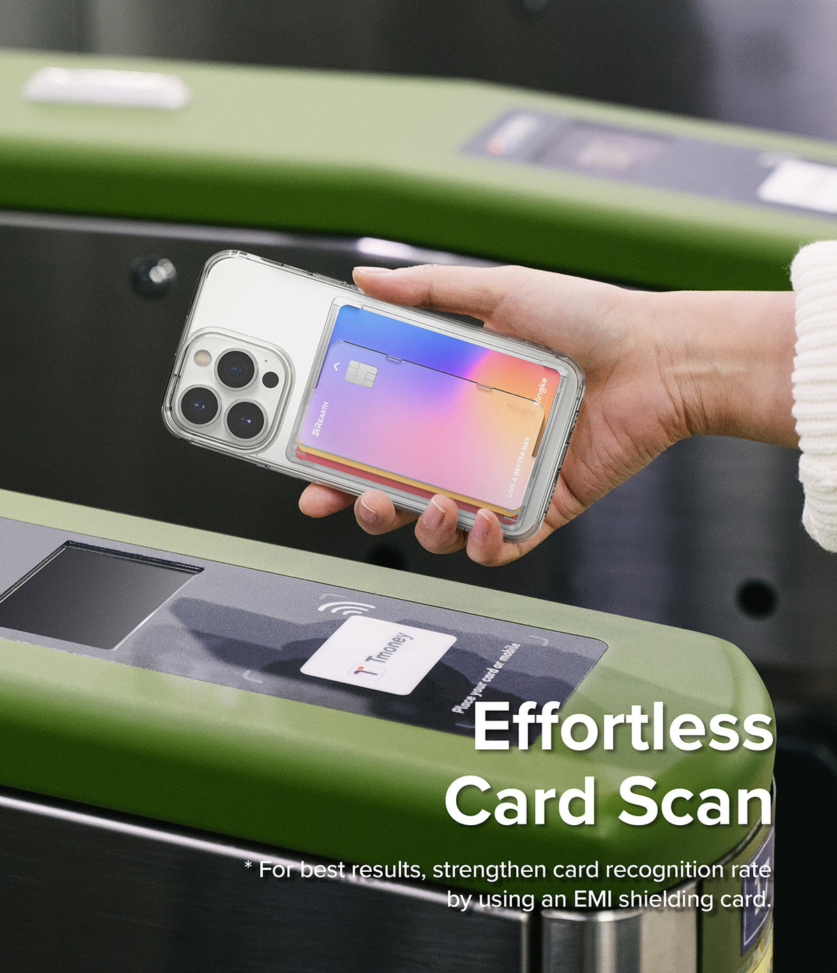 Card Holder | Magnetic Side Slot - Hand holding a phone with a magnetic card holder over a subway turnstile card reader.