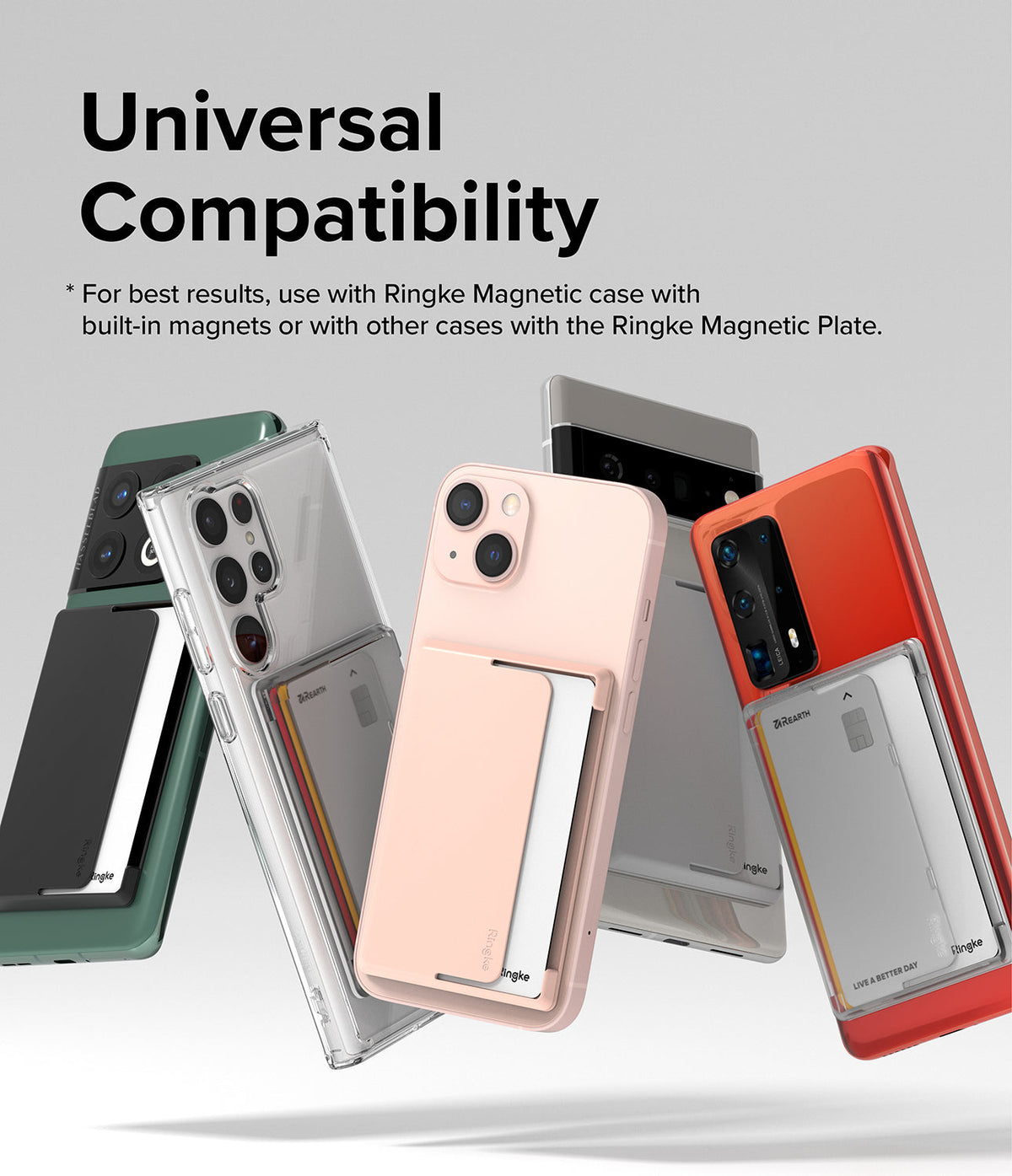 Card Holder | Magnetic Side Slot - Five smartphones in various colors with magnetic card holders attached to their backs.