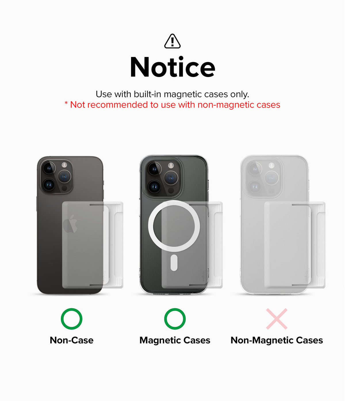 Card Holder | Magnetic Side Slot - Infographic showing compatibility with magnetic cases vs non-magnetic cases.