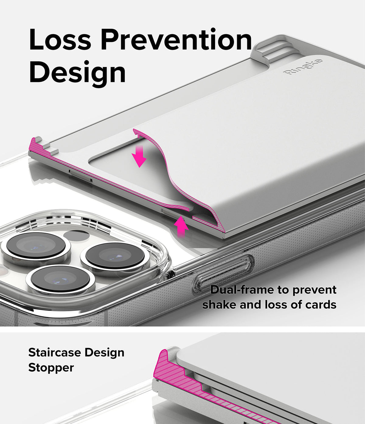 Card Holder | Magnetic Side Slot - Close-up of a phone card holder with a dual-frame design and staircase stopper to secure cards.
