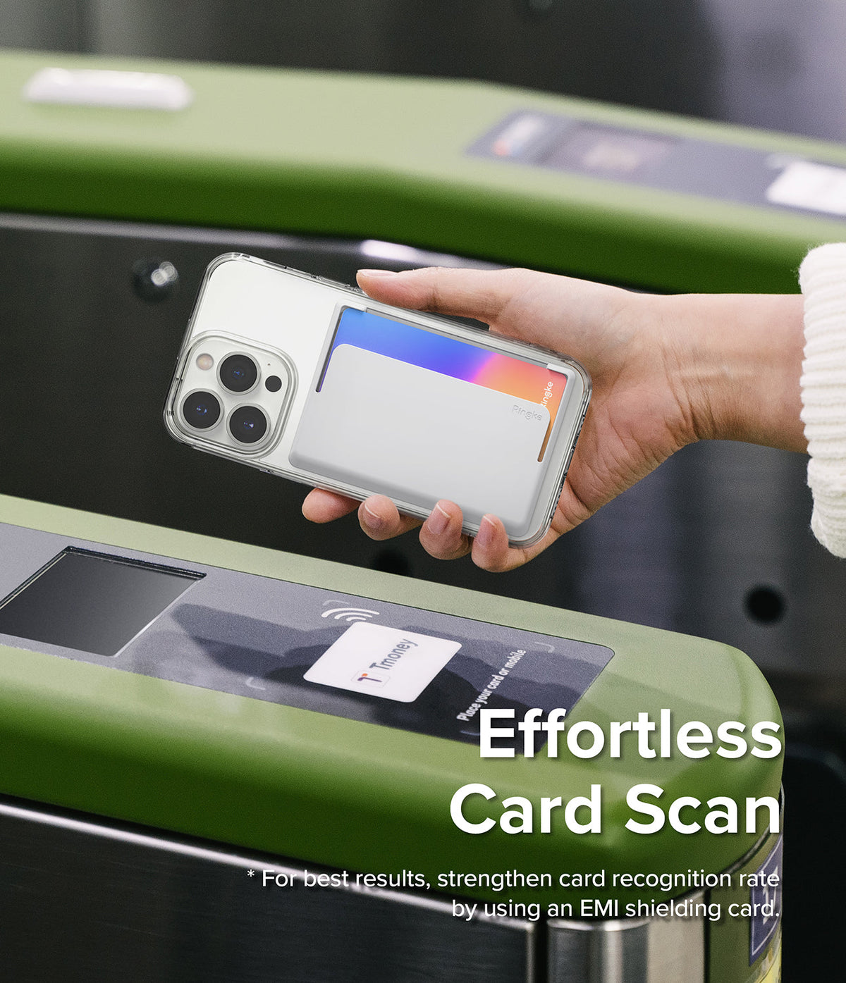 Card Holder | Magnetic Side Slot - Hand holding a phone with a magnetic card holder over a subway turnstile scanner.
