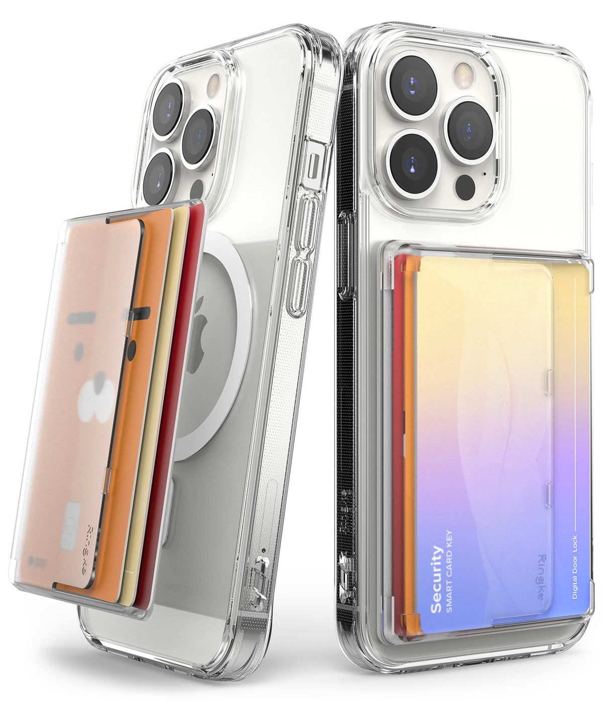 Card Holder | Magnetic Side Slot - Two clear phone cases with magnetic card holders attached, showing side-loading card slots.