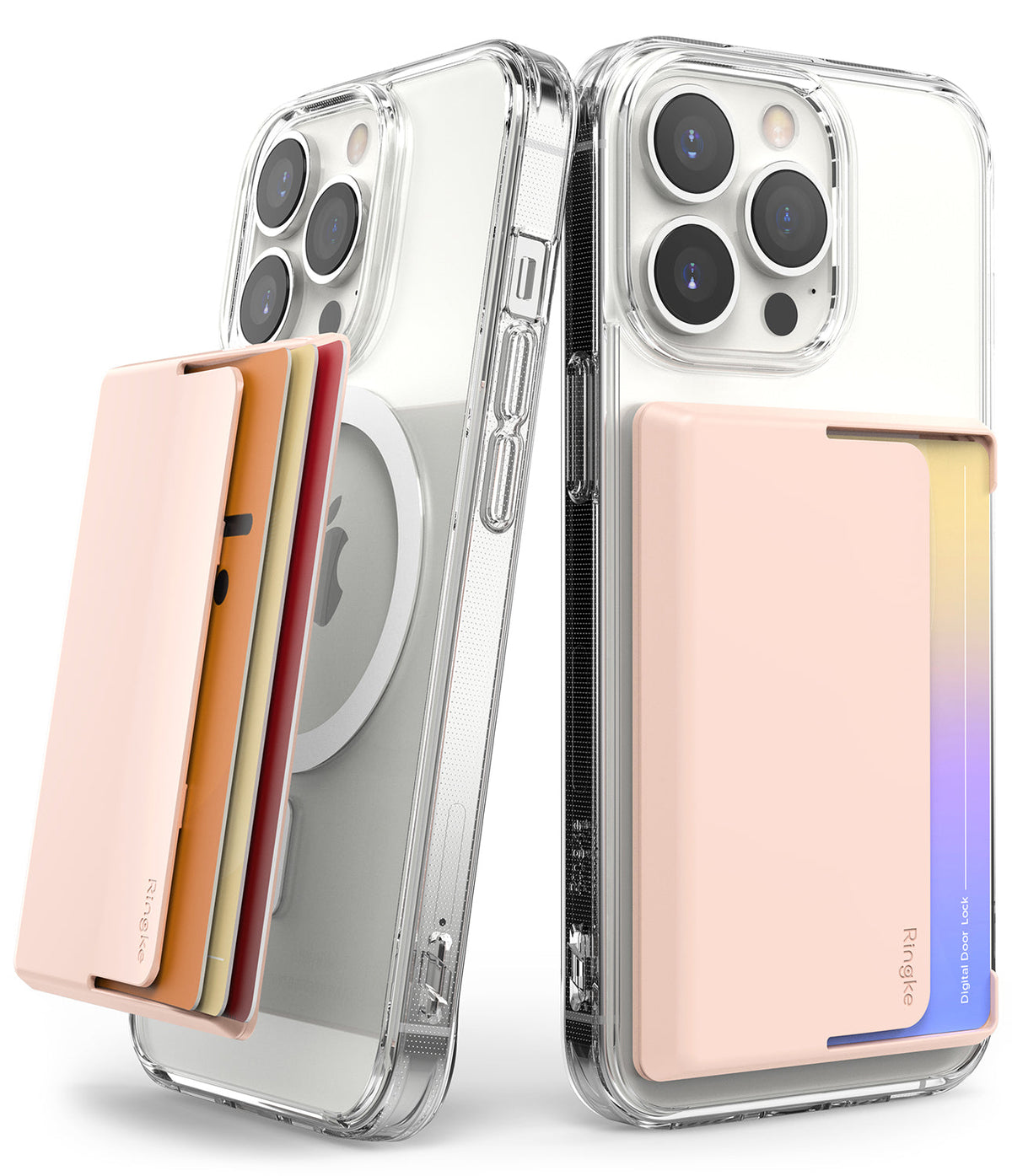 Card Holder | Magnetic Side Slot - Two clear phone cases with pink magnetic card holders, one showing cards fanned out from the side.