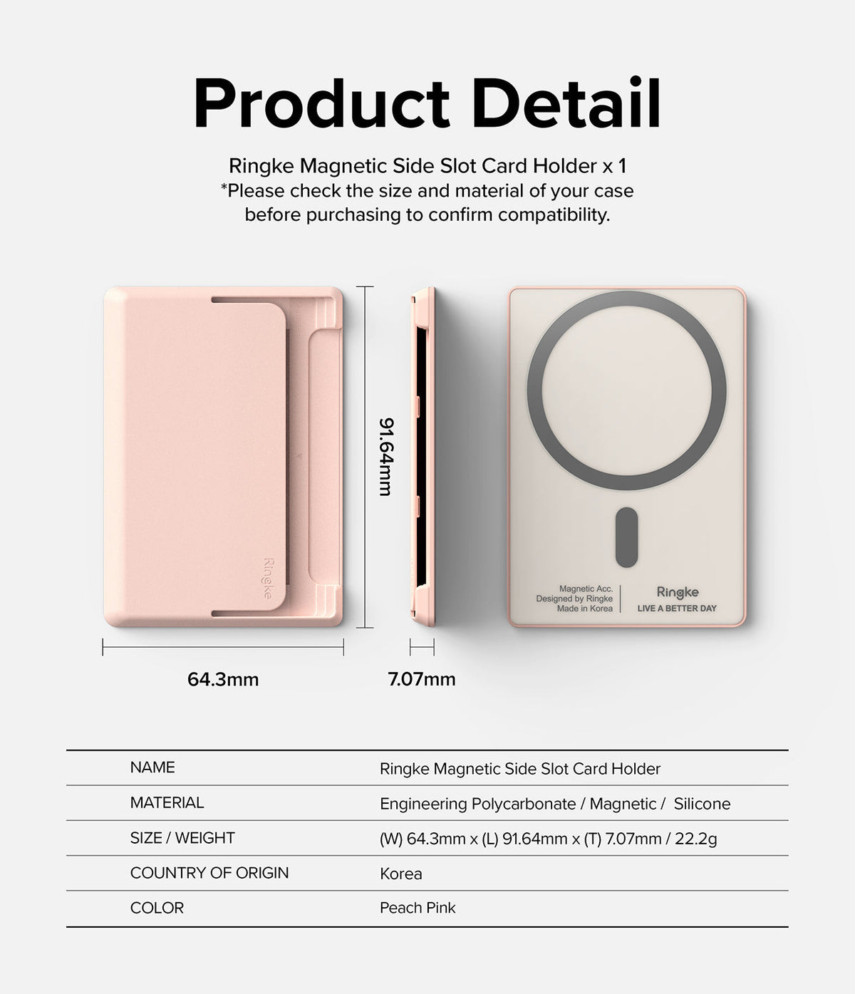 Card Holder | Magnetic Side Slot - Technical diagram showing dimensions and features of a peach pink magnetic card holder.