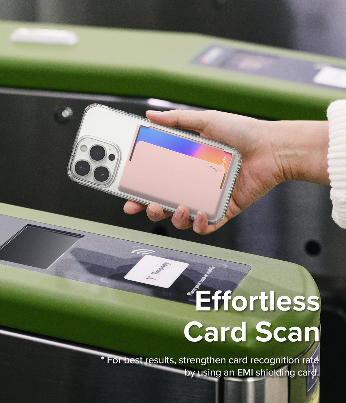 Card Holder | Magnetic Side Slot - Hand holding a phone with a pink magnetic card holder over a subway turnstile scanner.