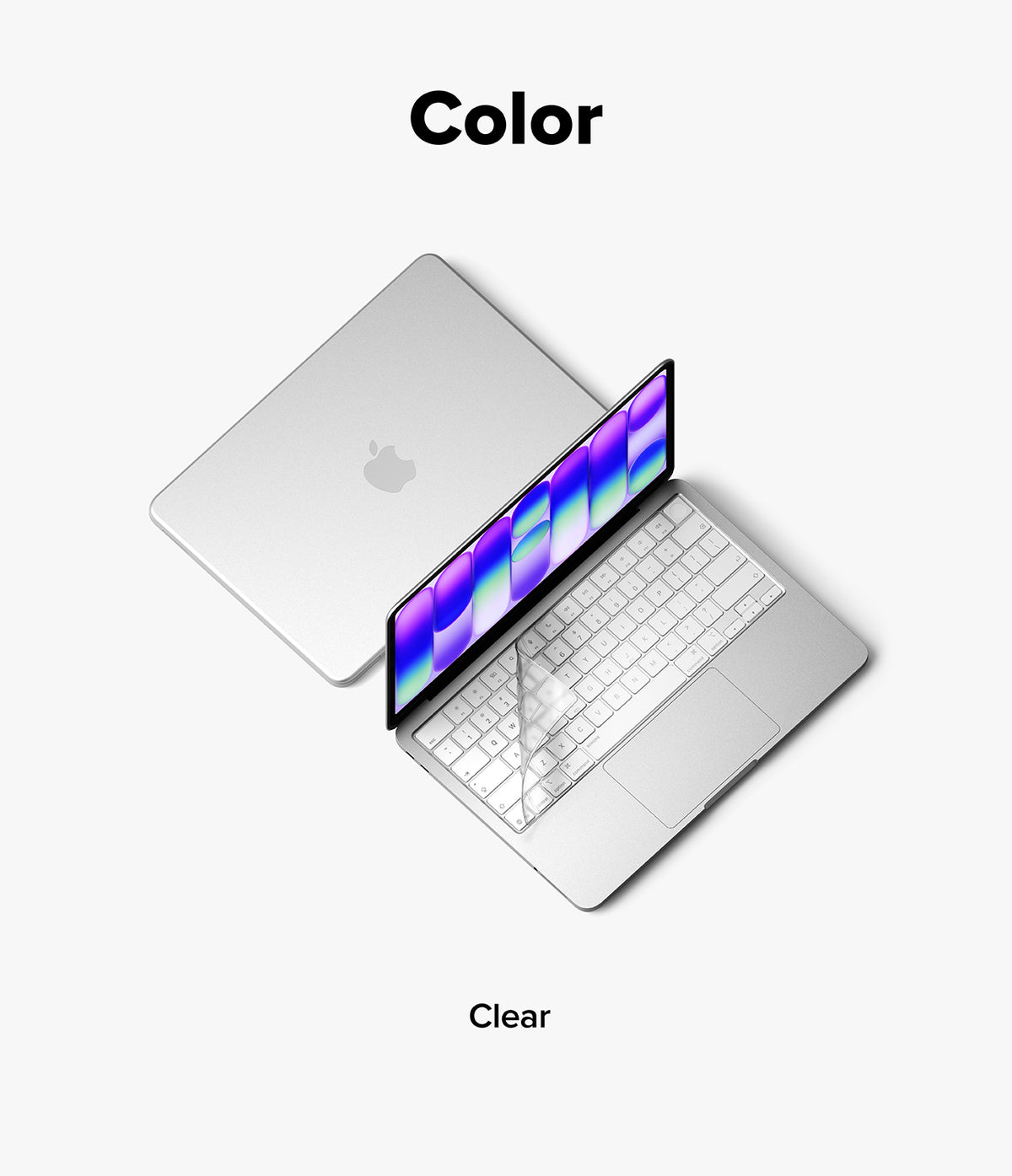 MacBook Neo | Keyskin - A silver laptop shown closed and open on a light gray background, with the word 'Color' at the top and 'Clear' at the bottom. The laptop appears to be demonstrating a transparent or clear keyboard cover.
