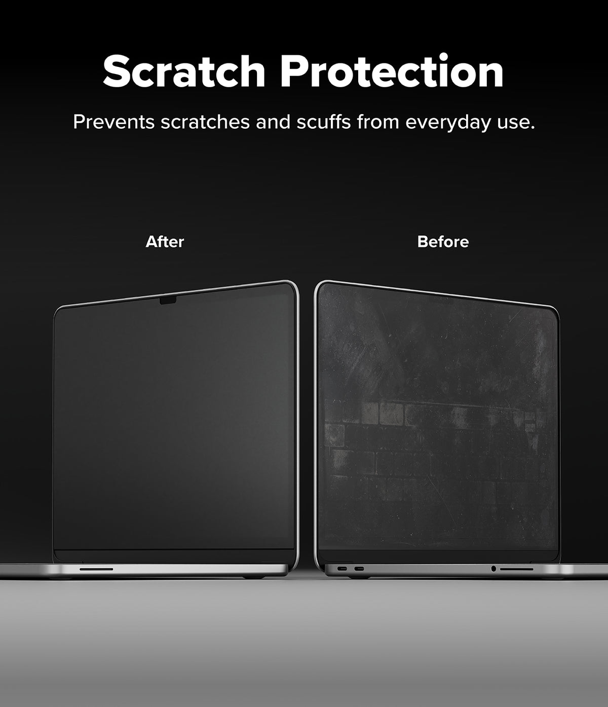 MacBook Neo Case + Protector all-groups - A promotional comparison graphic showing a laptop screen labeled 'After' on the left and 'Before' on the right, with the headline 'Scratch Protection' and subtext 'Prevents scratches and scuffs from everyday use.' on a dark background.