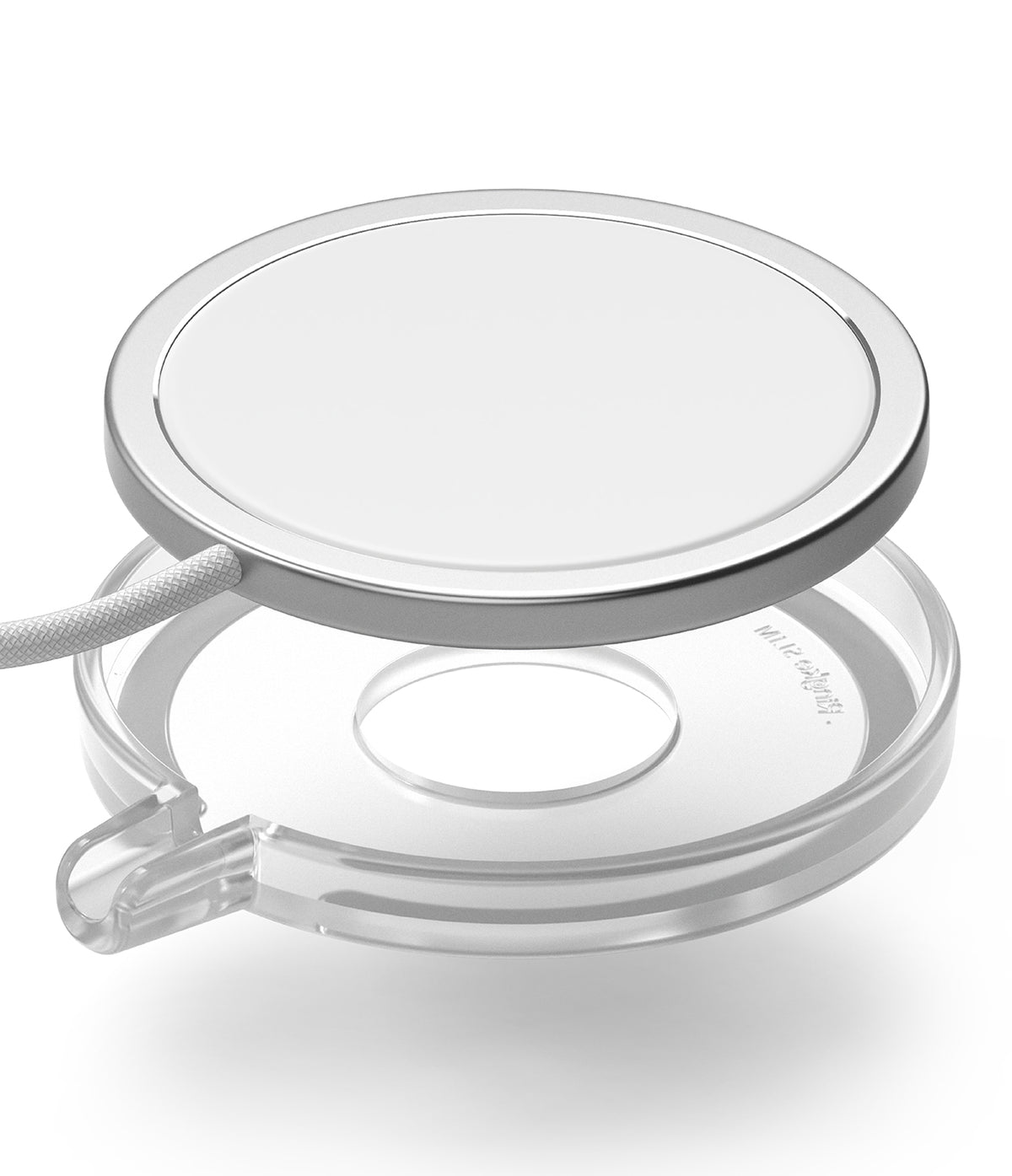 MagSafe (2024) Charger Case | Slim - Matte Clear - A white MagSafe charger hovering above a slim, matte clear case.