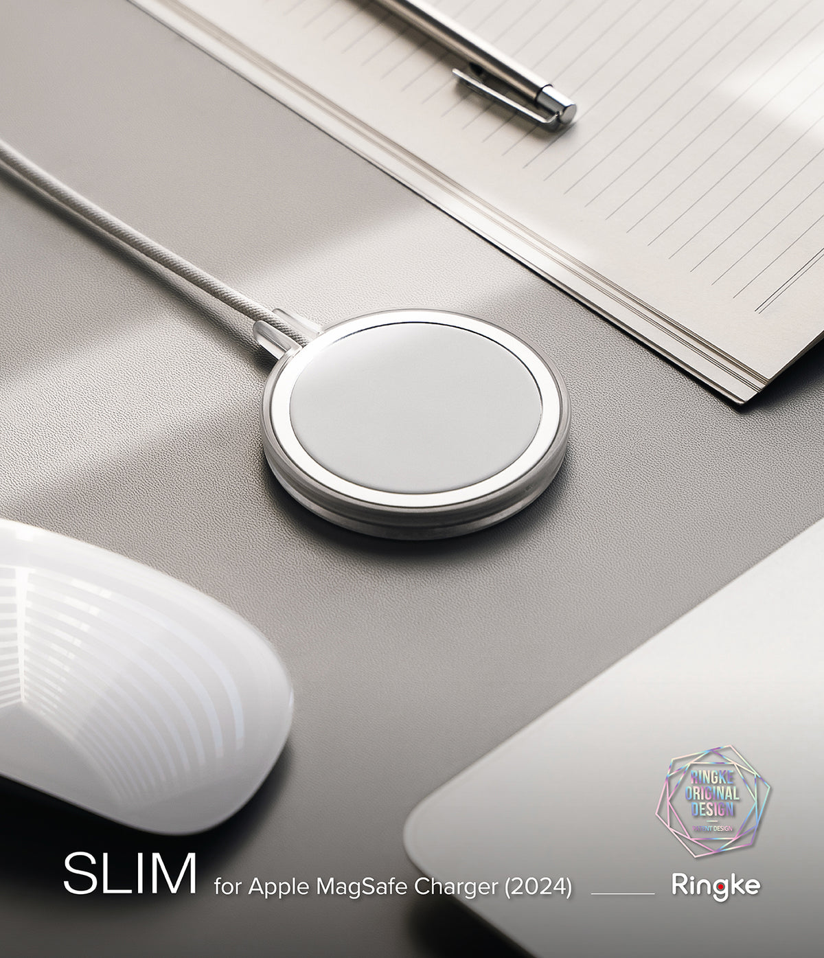 MagSafe (2024) Charger Case | Slim - Matte Clear - Matte clear protective case on a MagSafe charger on a desk.
