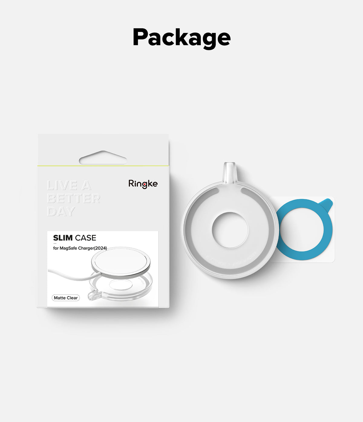MagSafe (2024) Charger Case | Slim - Matte Clear - Ringke retail packaging next to a clear charger case and blue ring.