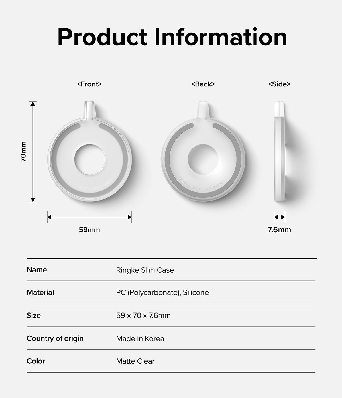 MagSafe (2024) Charger Case | Slim - Matte Clear - Technical diagram showing front, back, and side views with dimensions.