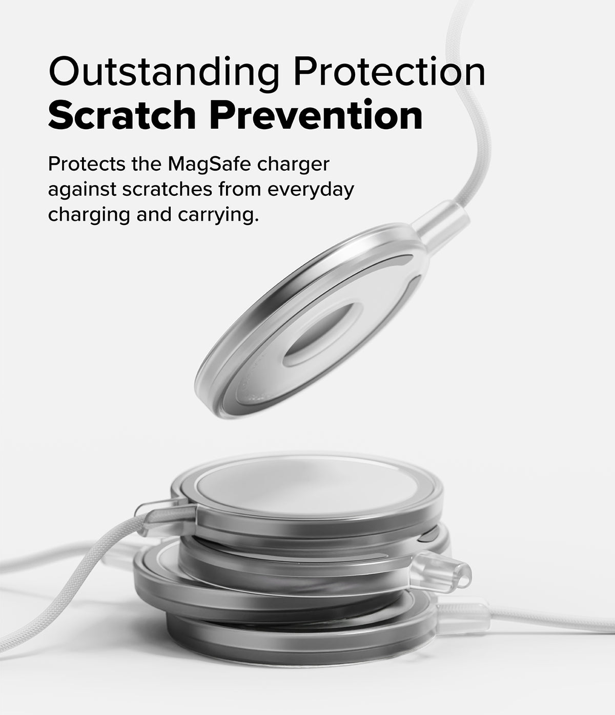 MagSafe (2024) Charger Case | Slim - Matte Clear - A MagSafe charger hovering above a stack of chargers in clear cases.