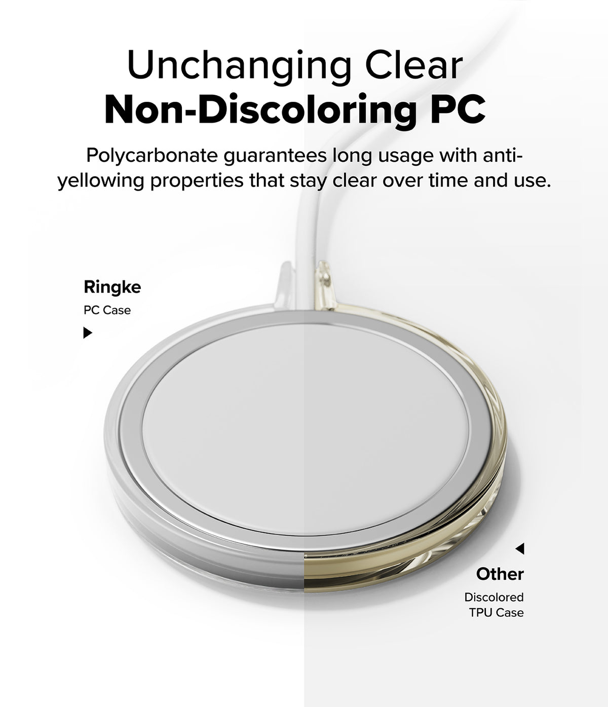 MagSafe (2024) Charger Case | Slim - Matte Clear - Comparison of a clear PC case vs. a yellowed TPU case on a charger.
