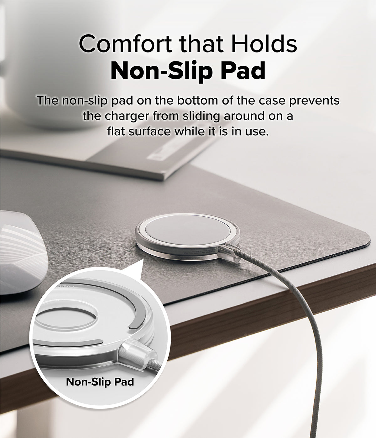 MagSafe (2024) Charger Case | Slim - Matte Clear - Matte clear MagSafe charger case with a non-slip bottom pad on a desk.