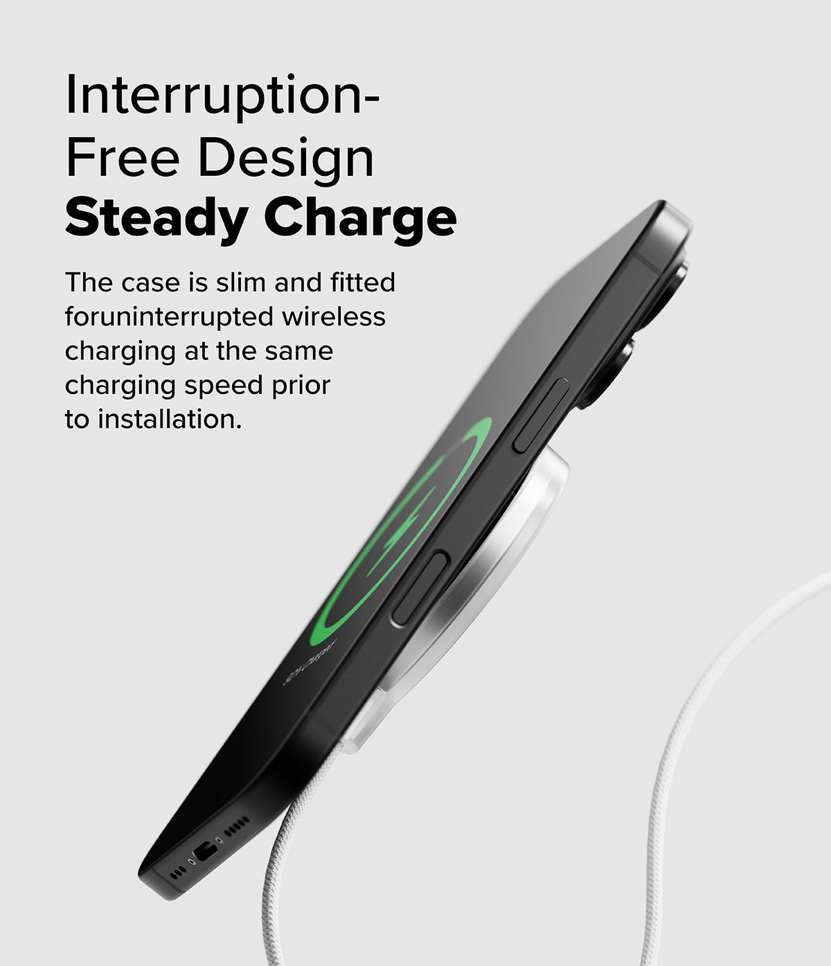 MagSafe (2024) Charger Case | Slim - Matte Clear - Side view of a phone with a MagSafe charger attached to a slim case.