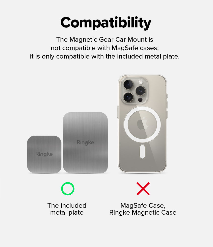 Magnetic Gear Car Mount - Compatibility chart showing metal plates are required instead of MagSafe cases for the mount.