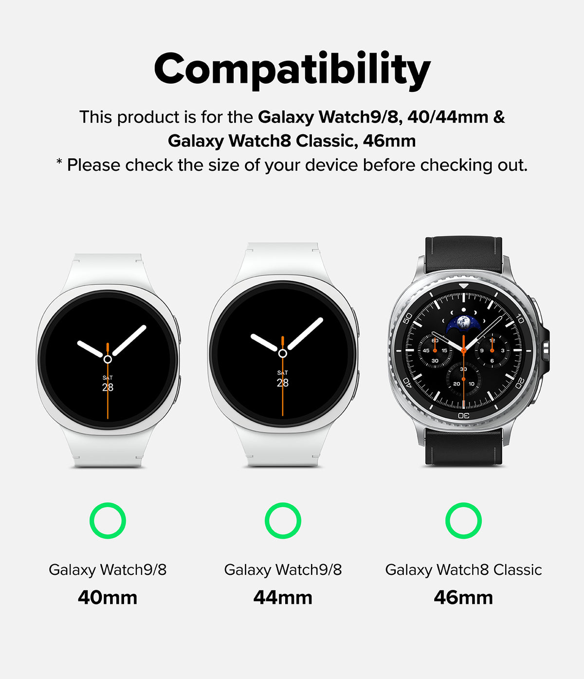 Galaxy Watch 9 / 8 | Metal One Air - Compatibility chart showing three smartwatch sizes: Galaxy Watch 9/8 40mm, Galaxy Watch 9/8 44mm, and Galaxy Watch Classic 46mm, with text stating the product is for these devices and a note to check device size before purchasing.