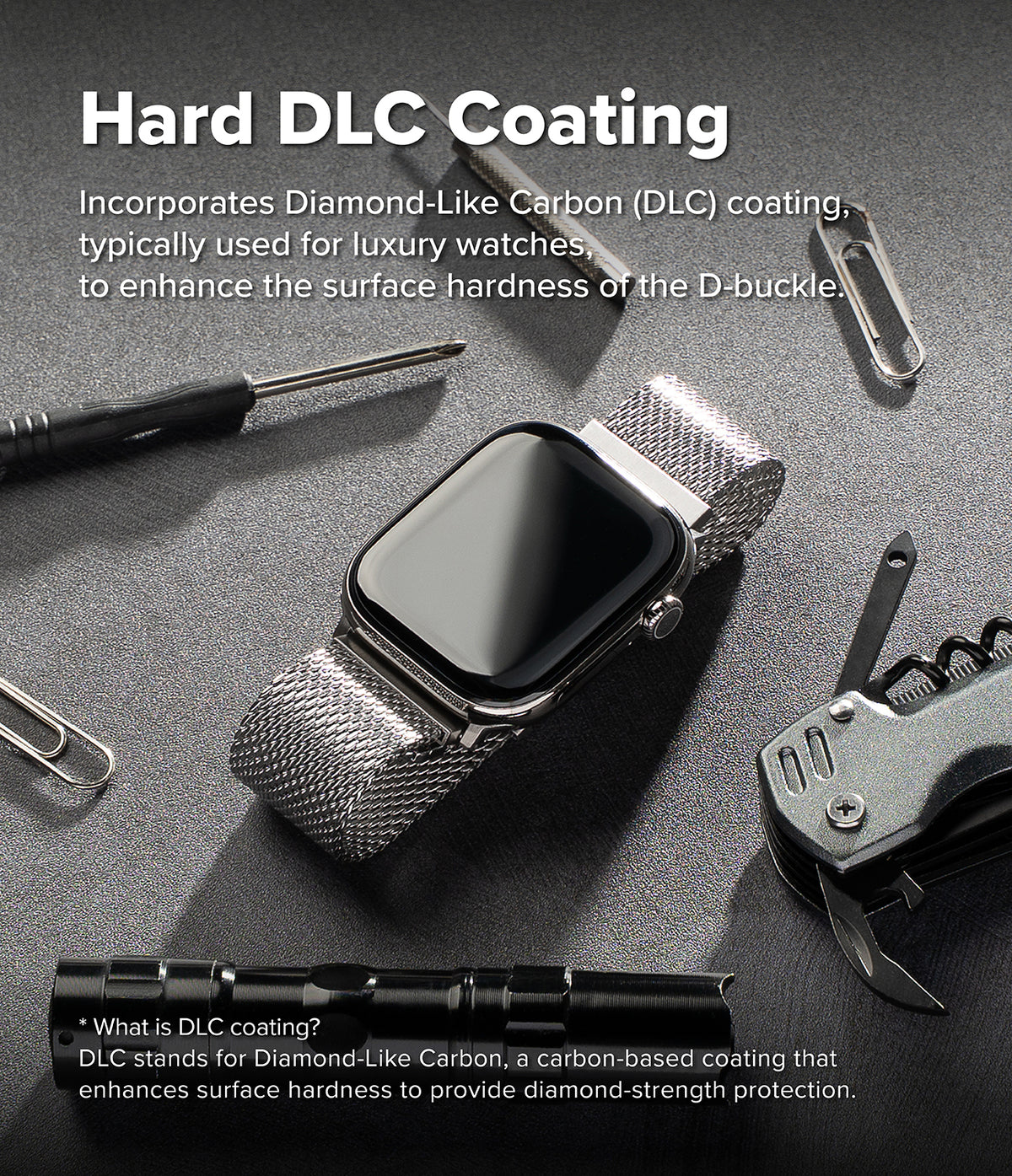 Apple Watch 49·46·45·44 mm | Metal One Mesh - A silver smartwatch with a metallic mesh band is displayed on a dark textured surface, surrounded by tools and accessories. Large text at the top reads 'Hard DLC Coating' with explanatory copy about diamond-like carbon coating for luxury watches.