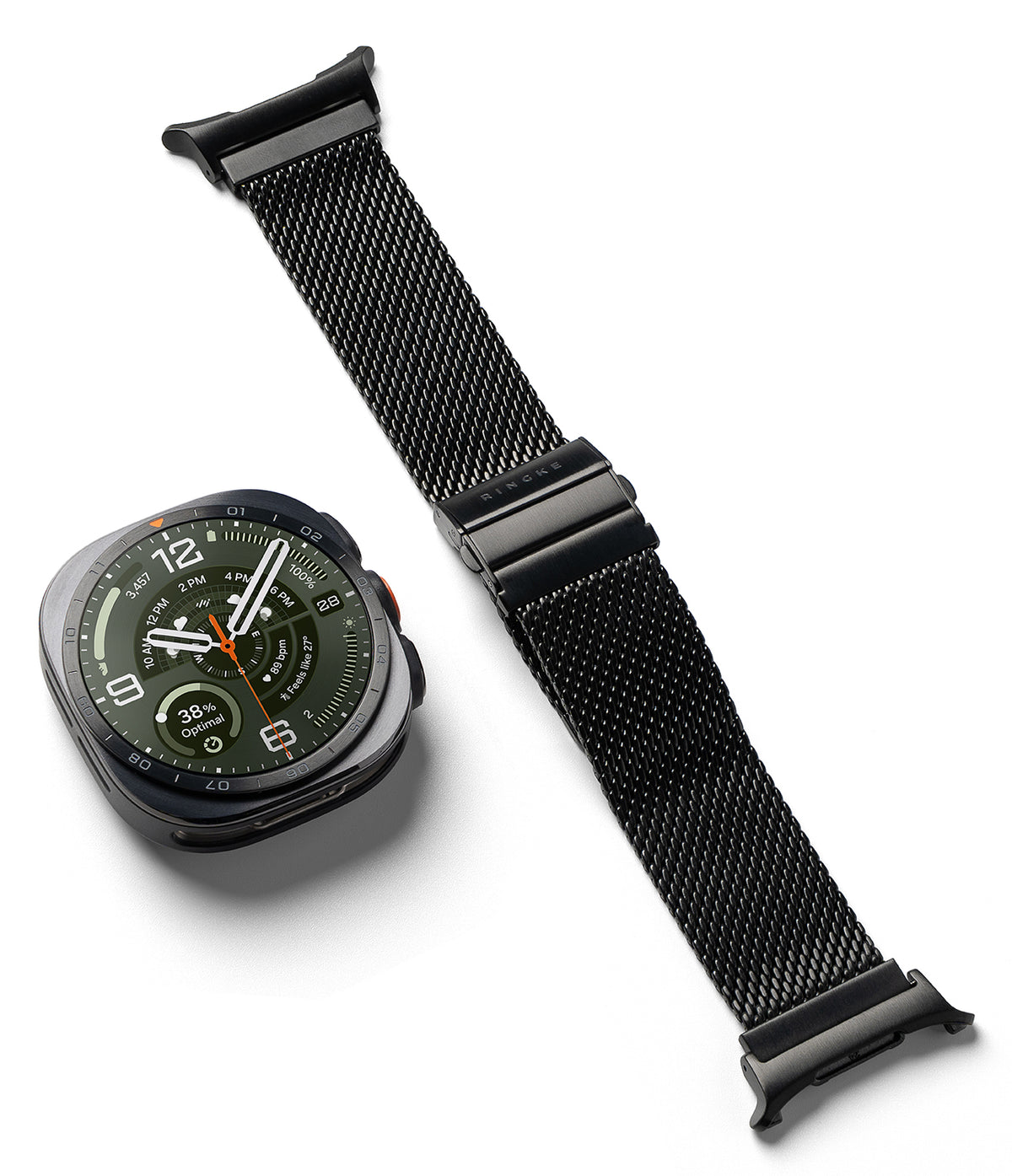 Galaxy Watch Ultra 2 / 1 | Metal One Mesh - A black smartwatch with a dark green watch face is shown next to a black mesh metal watch band on a clean white background.