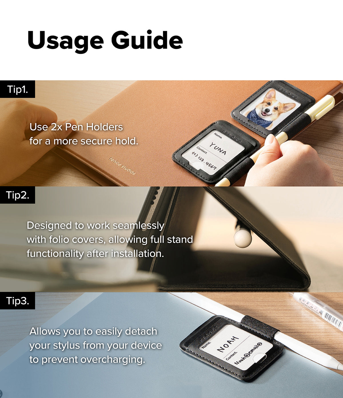 Pen Holder | Name Tag (2P) - A three-panel usage guide showing how to install and use two black pen holders on a tablet. The text explains that they are used for a secure hold, designed to work seamlessly with folio covers, and allow easy detachment of the stylus to prevent overcharging.