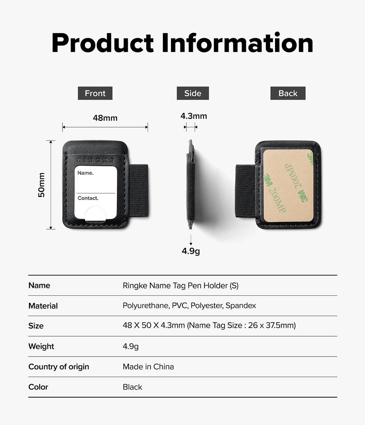 Pen Holder | Name Tag (2P) - Product information diagram showing a black Ringke name tag pen holder with front, side, and back views, plus a specification table below on a white background.