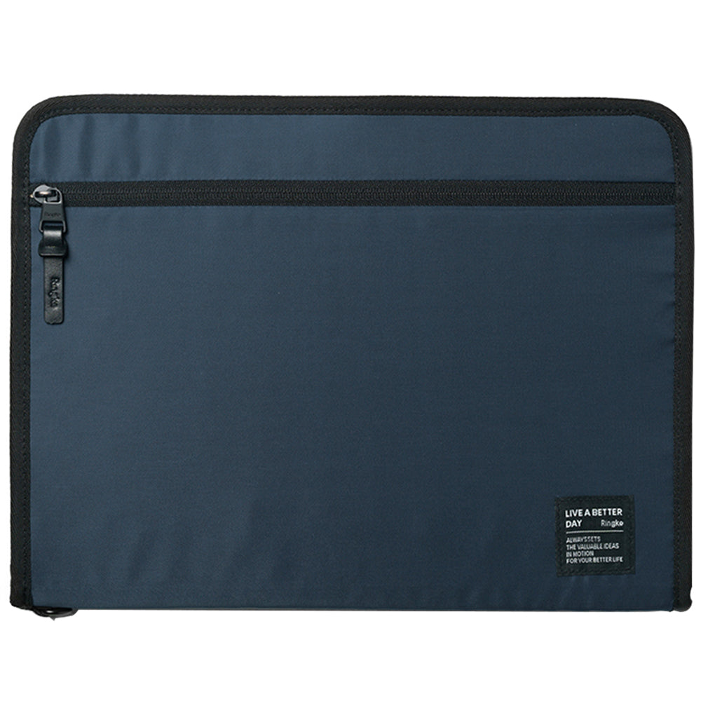 Pad Pouch | Smart Zip Pouch - Navy blue rectangular tablet sleeve with a black zipper, leather pull tab, and small logo patch.