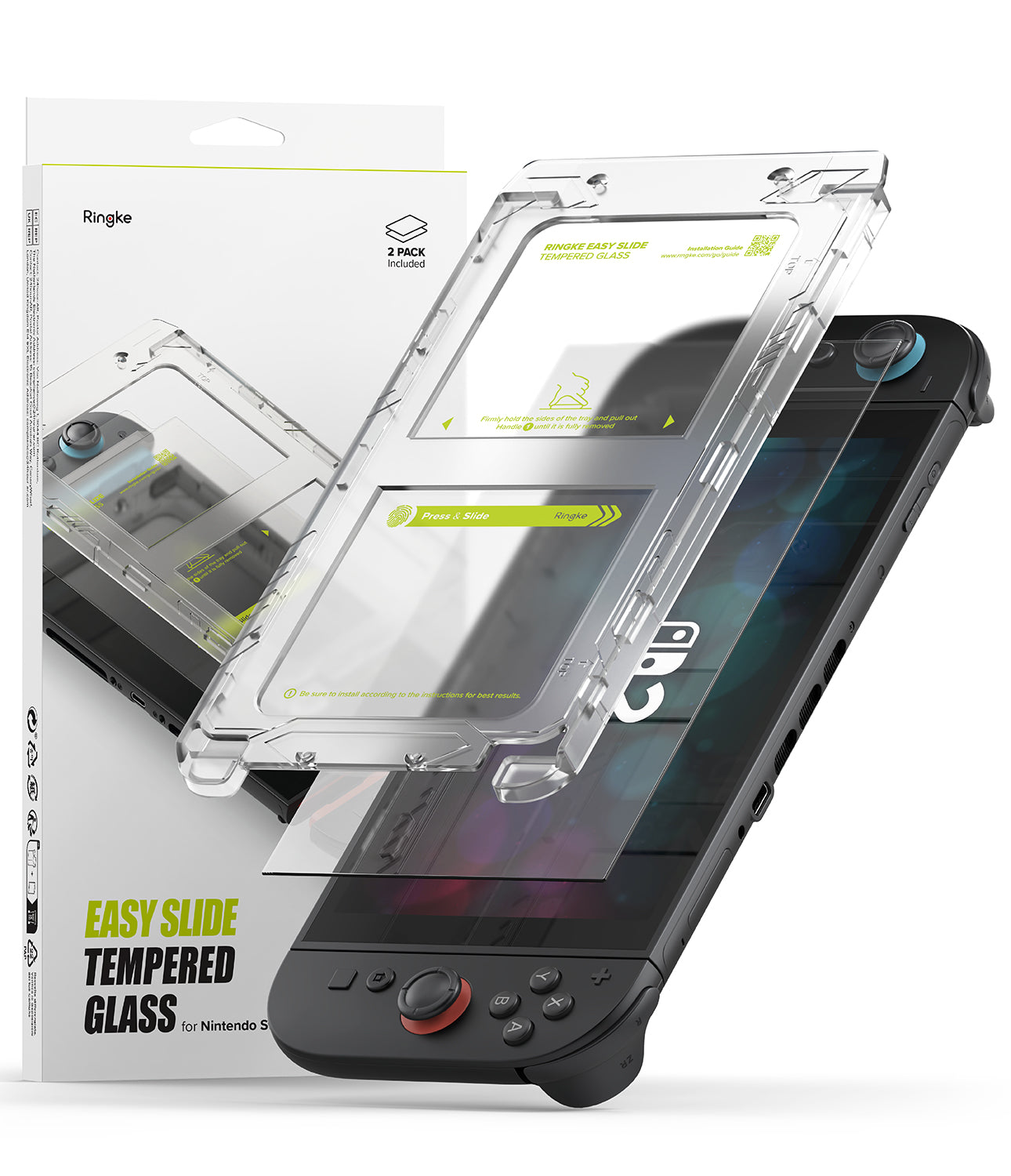 Nintendo Switch 2 | Easy Slide Tempered Glass - Screen protector installation tray hovering over a gaming console.