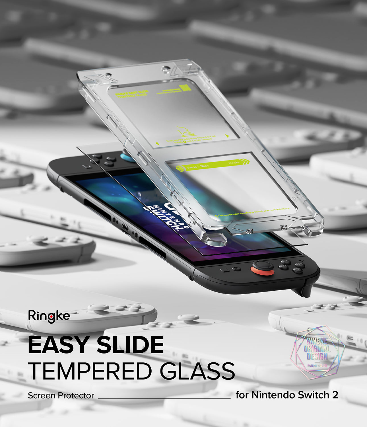 Nintendo Switch 2 | Easy Slide Tempered Glass - Installation tool hovering over a Nintendo Switch 2 screen protector.