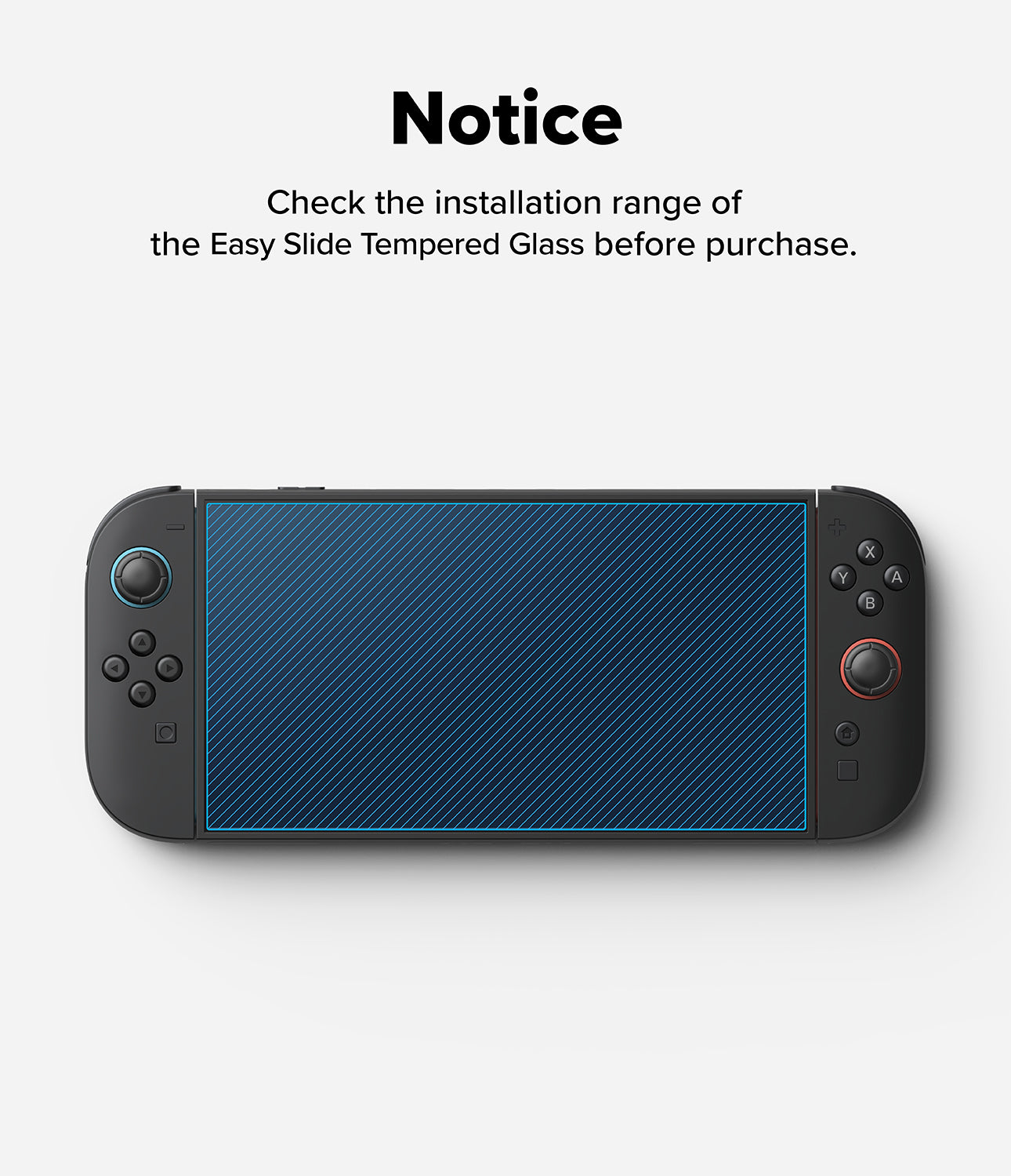 Nintendo Switch 2 | Easy Slide Tempered Glass - Notice text above a console with a blue hatched screen installation area.