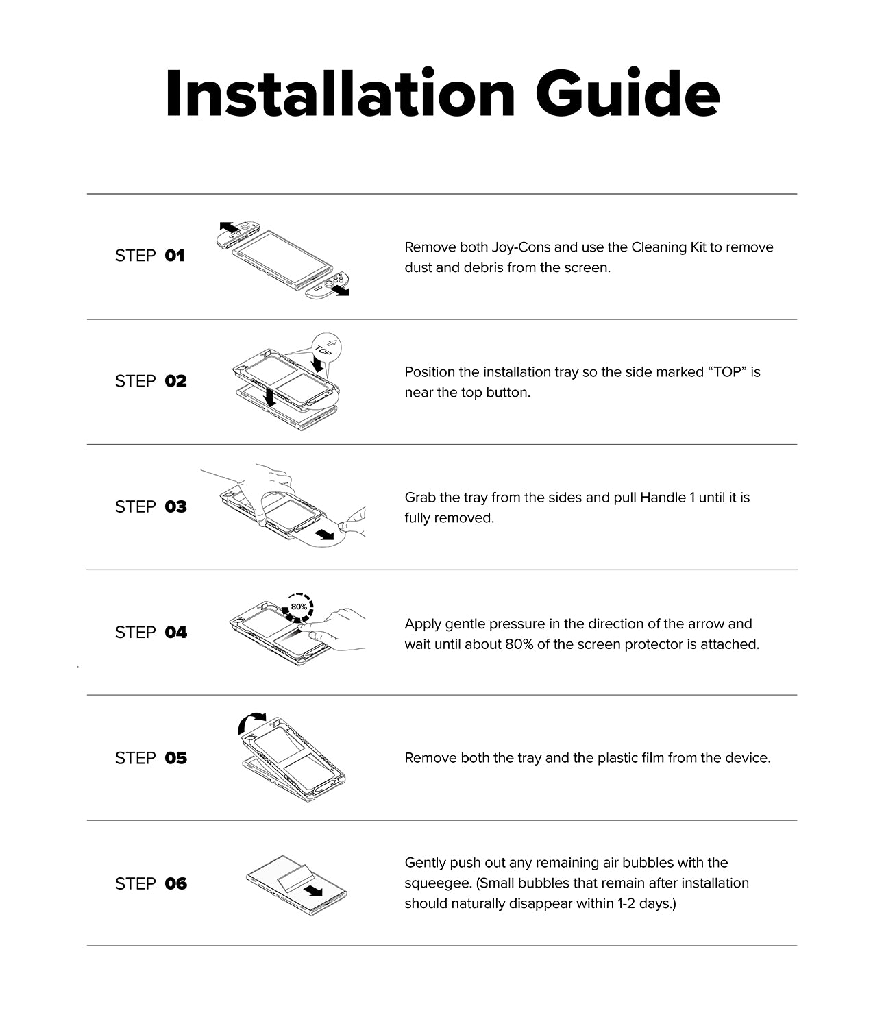 Nintendo Switch 2 | Easy Slide Tempered Glass - Six-step illustrated guide for installing a screen protector.