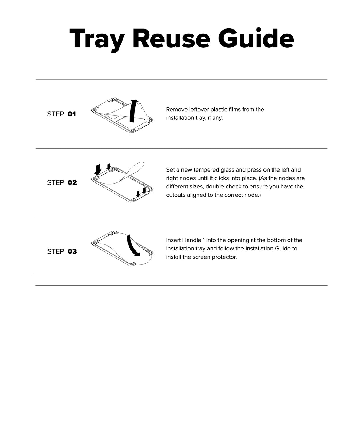 Nintendo Switch 2 | Easy Slide Tempered Glass - Three-step instructional guide for reusing the screen protector tray.