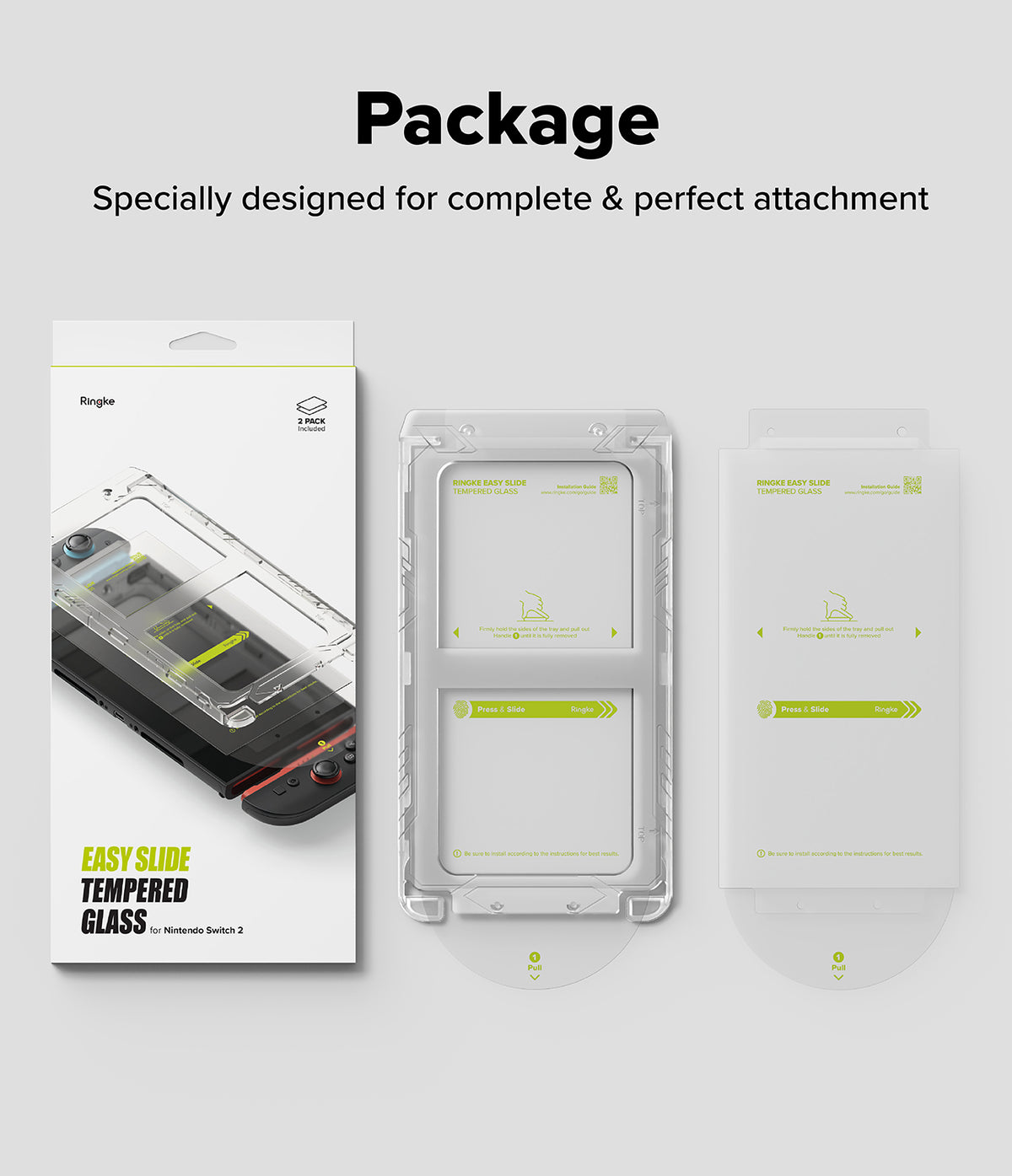 Nintendo Switch 2 | Easy Slide Tempered Glass - Packaging, installation tray, and screen protector for Nintendo Switch 2.