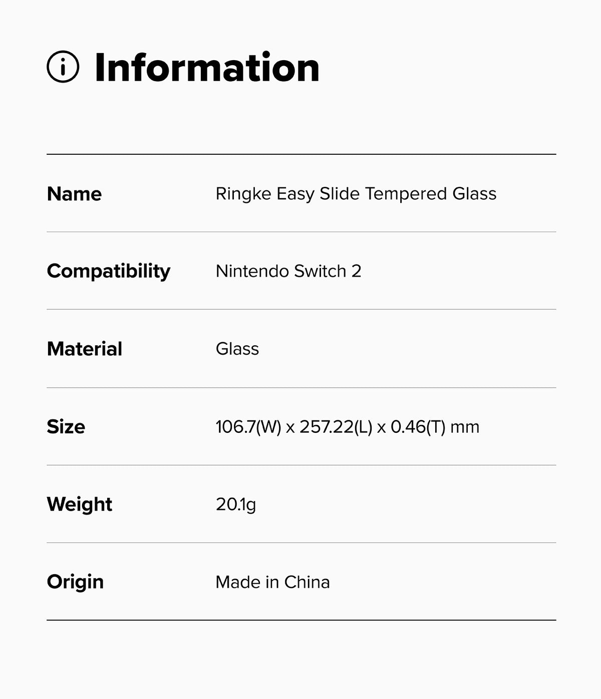 Nintendo Switch 2 | Easy Slide Tempered Glass - Information table listing product name, compatibility, and specs.