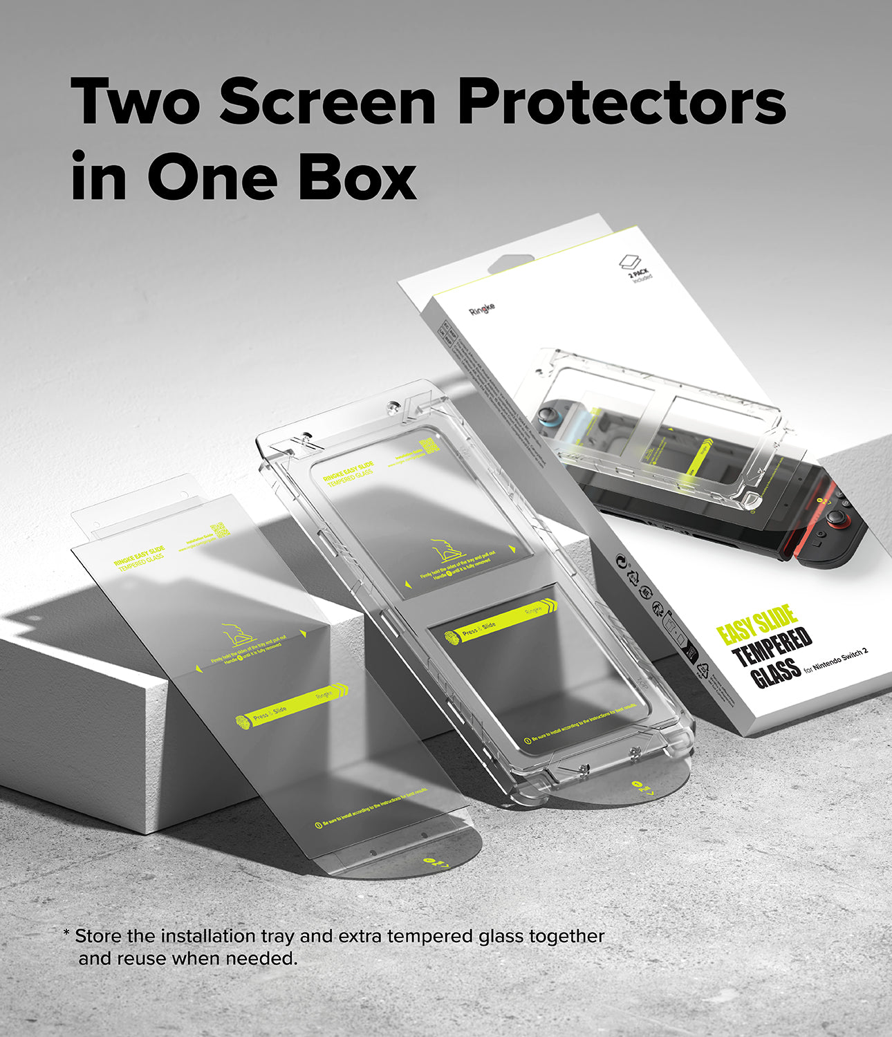 Nintendo Switch 2 | Easy Slide Tempered Glass - Two screen protectors and an installation tray shown with packaging.