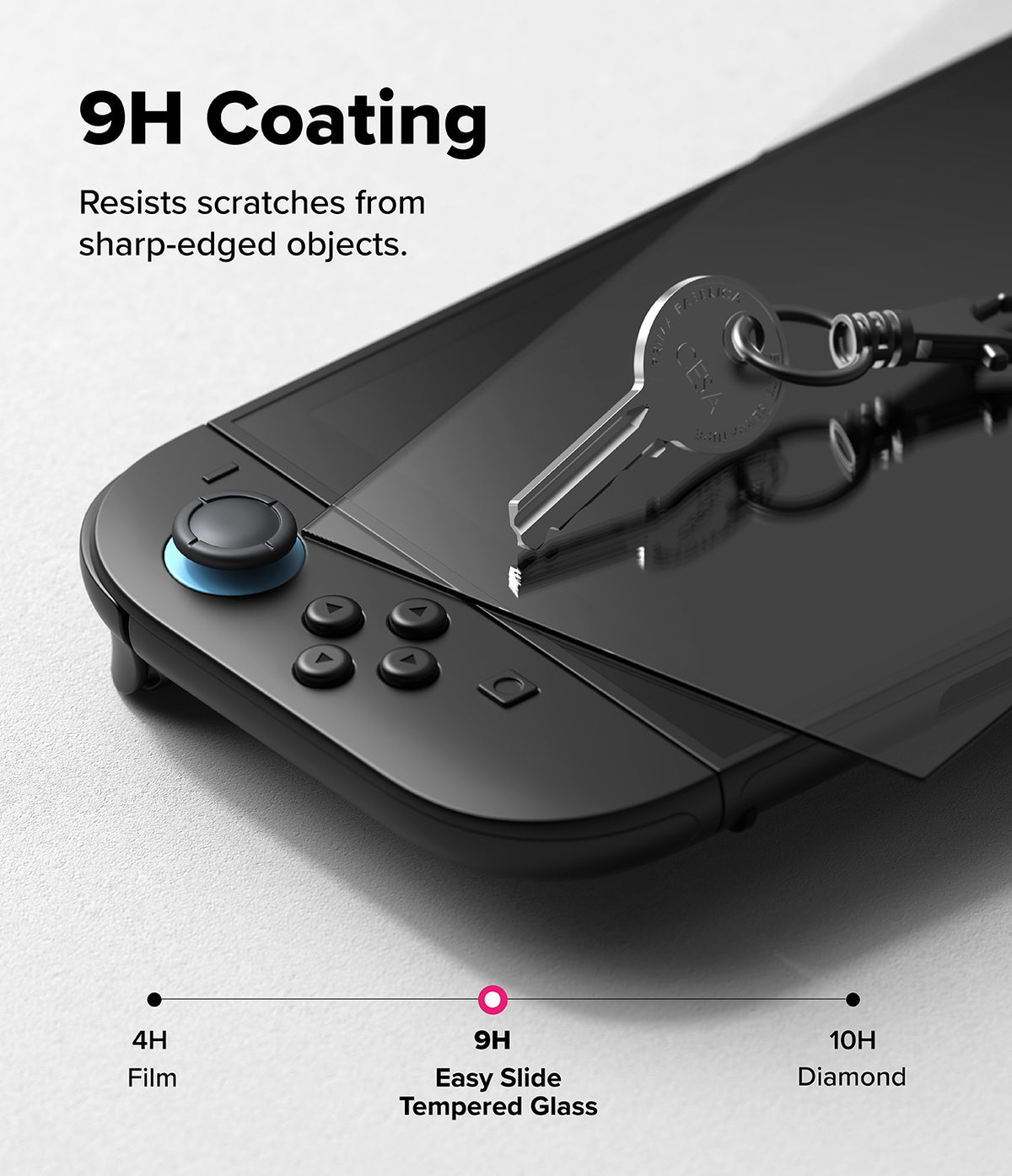 Nintendo Switch 2 | Easy Slide Tempered Glass - A metal key resting on a screen protector, demonstrating 9H scratch resistance.