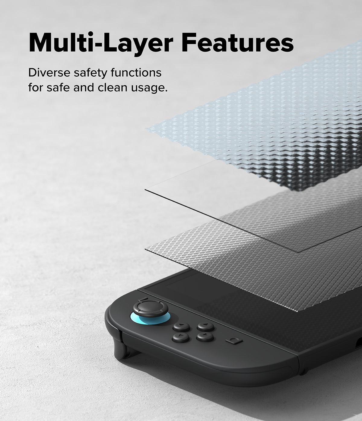 Nintendo Switch 2 | Easy Slide Tempered Glass - Exploded view of screen protector layers hovering above a gaming console.