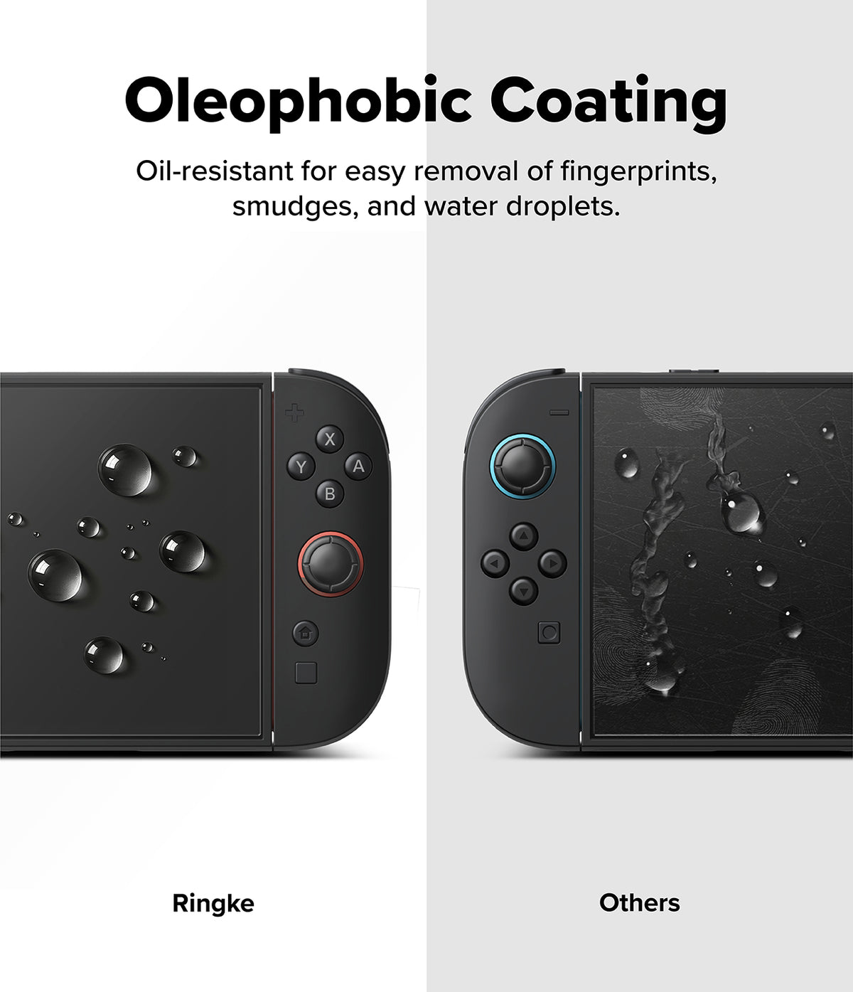Nintendo Switch 2 | Easy Slide Tempered Glass - Comparison showing water beading on Ringke glass vs smudges on others.
