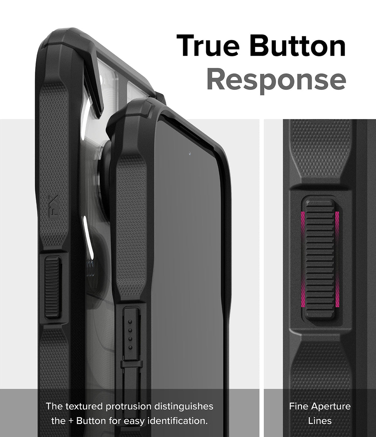 Nothing Phone (2a) / (2a) Plus Case | Fusion-X - Close-up of textured phone case buttons with fine aperture lines.