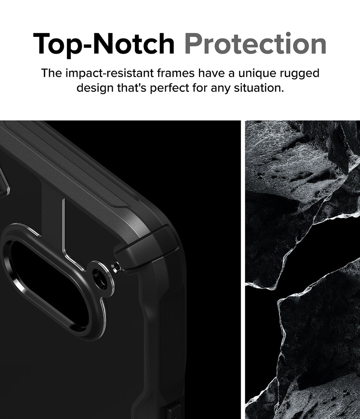 Nothing Phone (2a) / (2a) Plus Case | Fusion-X - Close-up of a rugged black phone case corner next to textured rock.