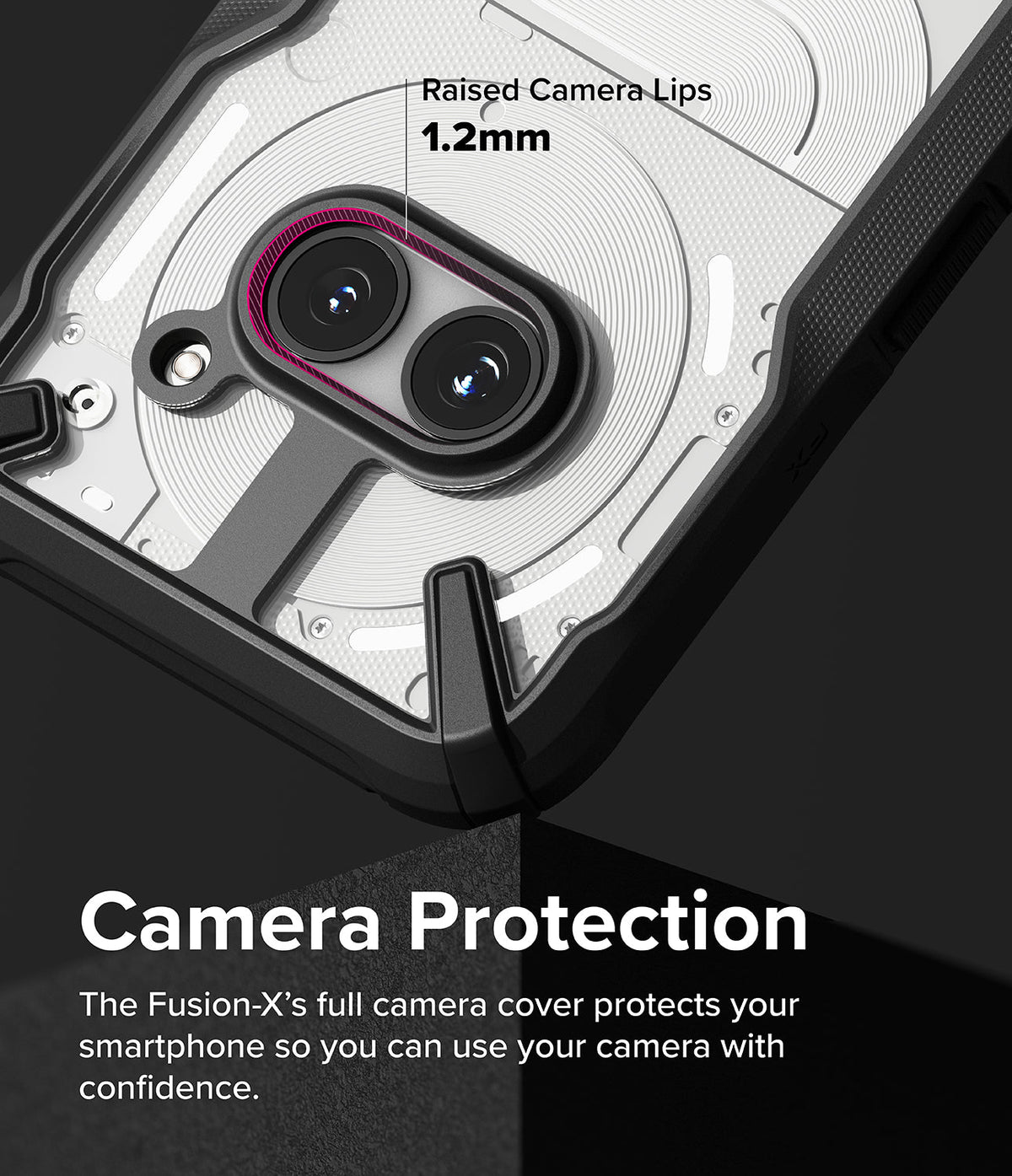 Nothing Phone (2a) / (2a) Plus Case | Fusion-X - Close-up of phone case highlighting 1.2mm raised camera protection.