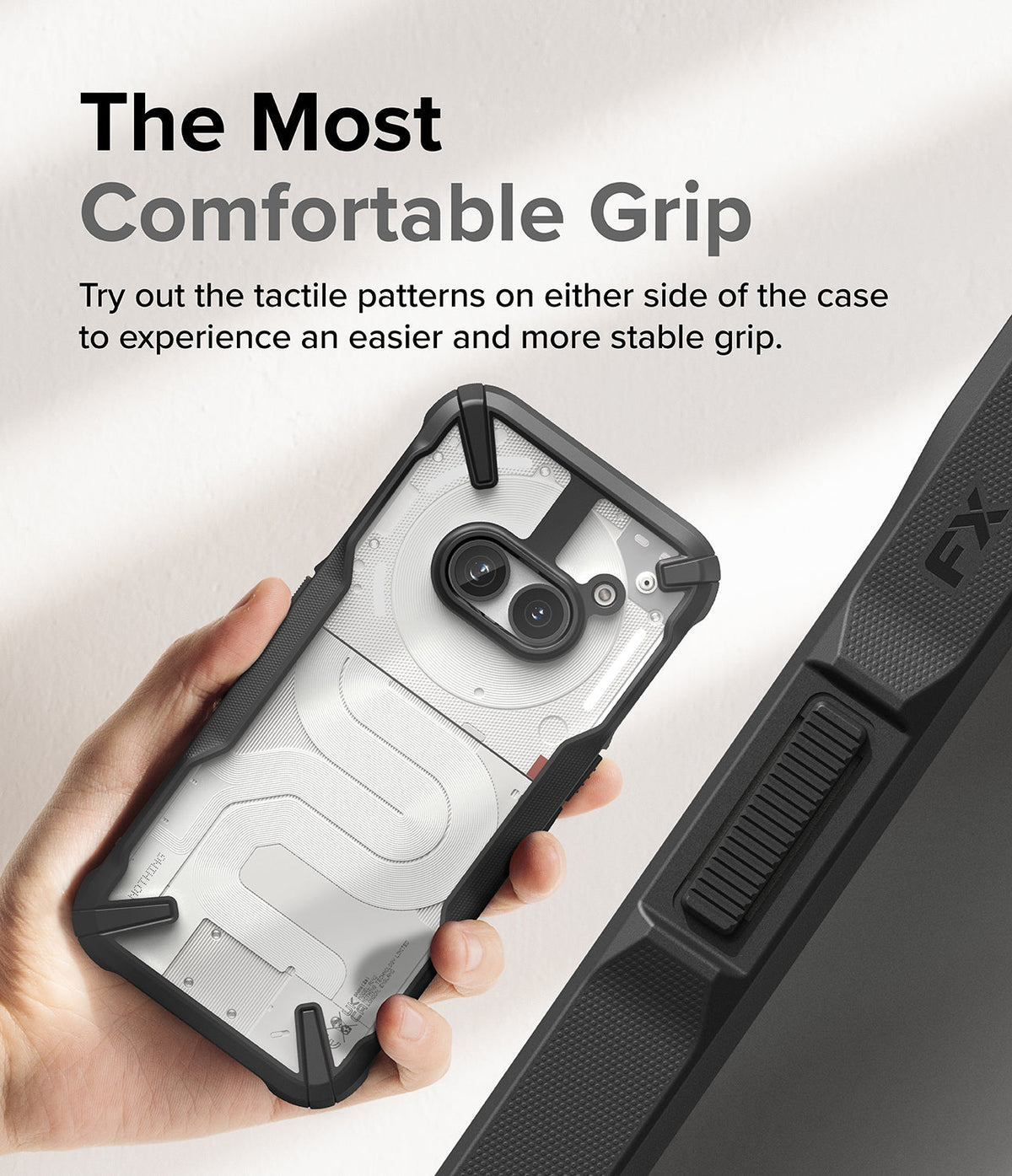 Nothing Phone (2a) / (2a) Plus Case | Fusion-X - Hand holding a clear, rugged phone case with textured side grips.