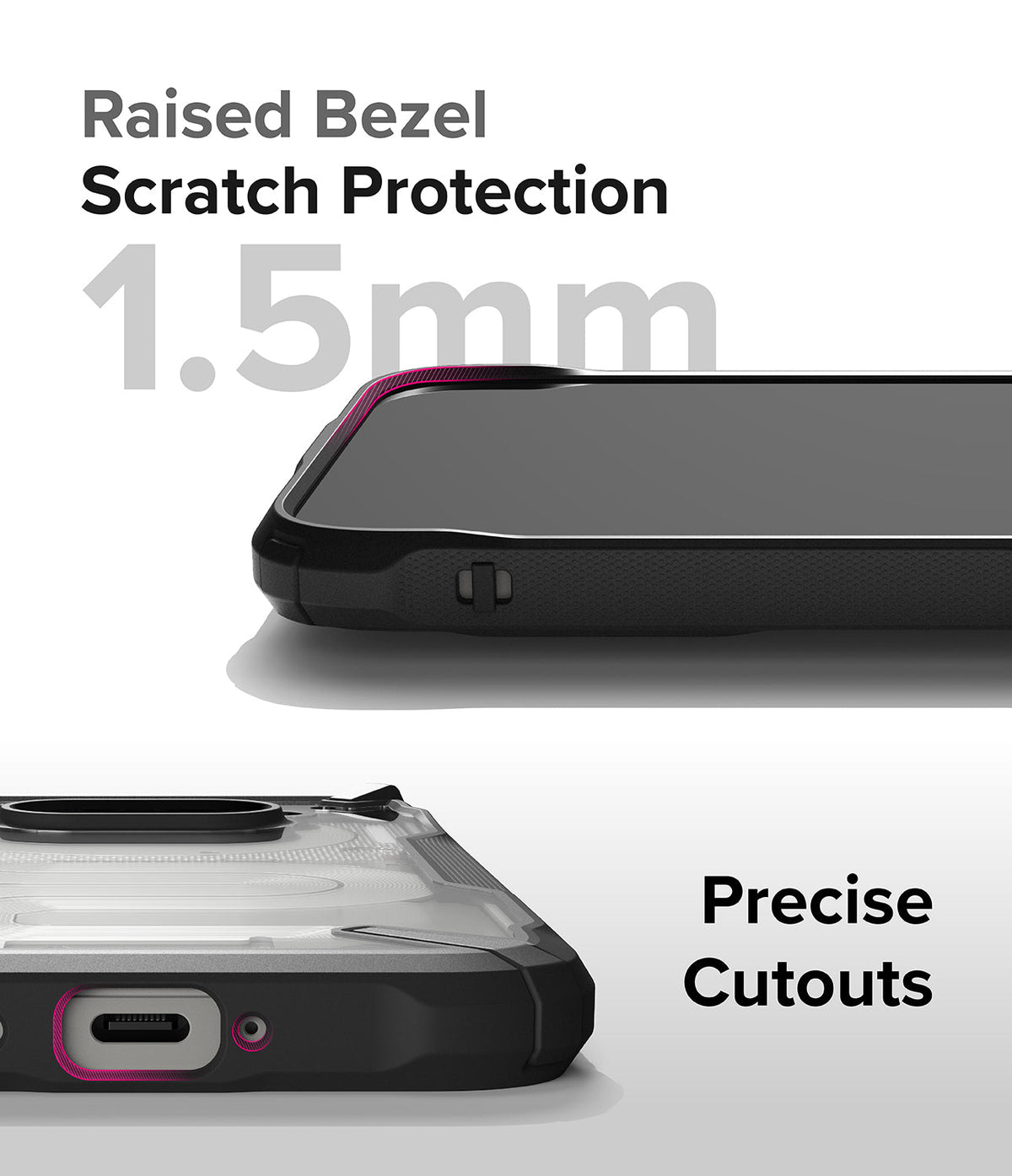 Nothing Phone (2a) / (2a) Plus Case | Fusion-X - Close-up of phone case showing 1.5mm raised bezel and precise port cutouts.