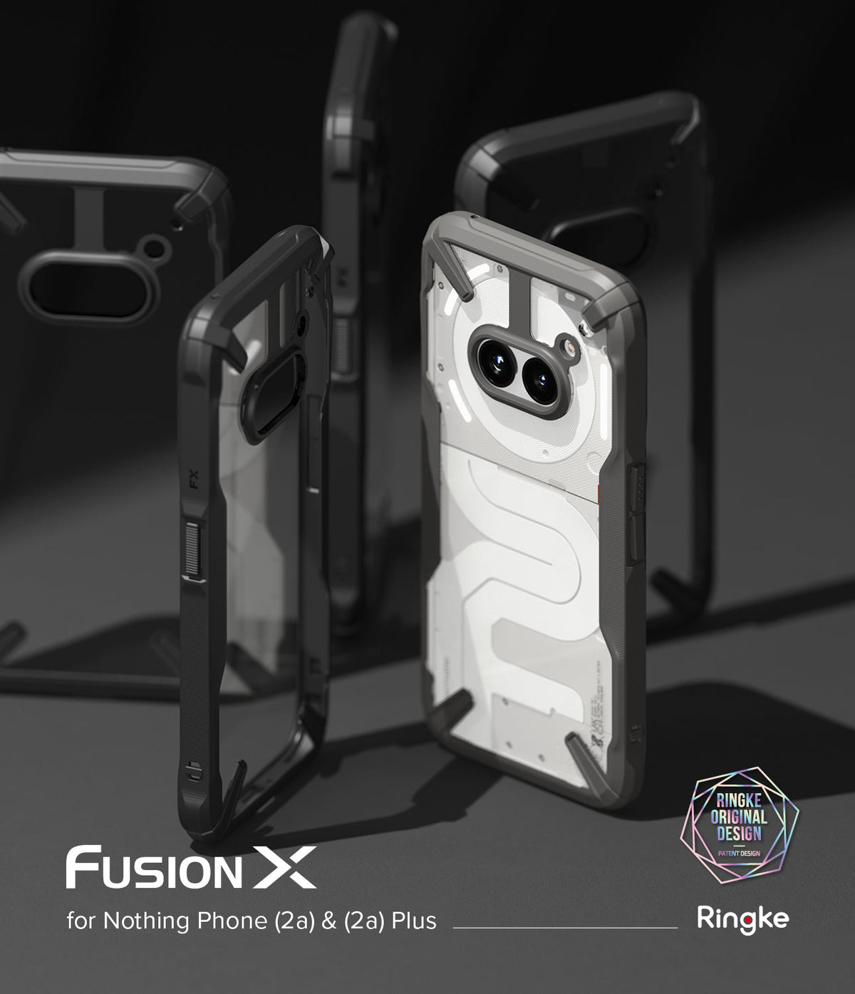 Nothing Phone (2a) / (2a) Plus Case | Fusion-X - Multiple black Fusion-X protective cases displayed around a Nothing Phone.