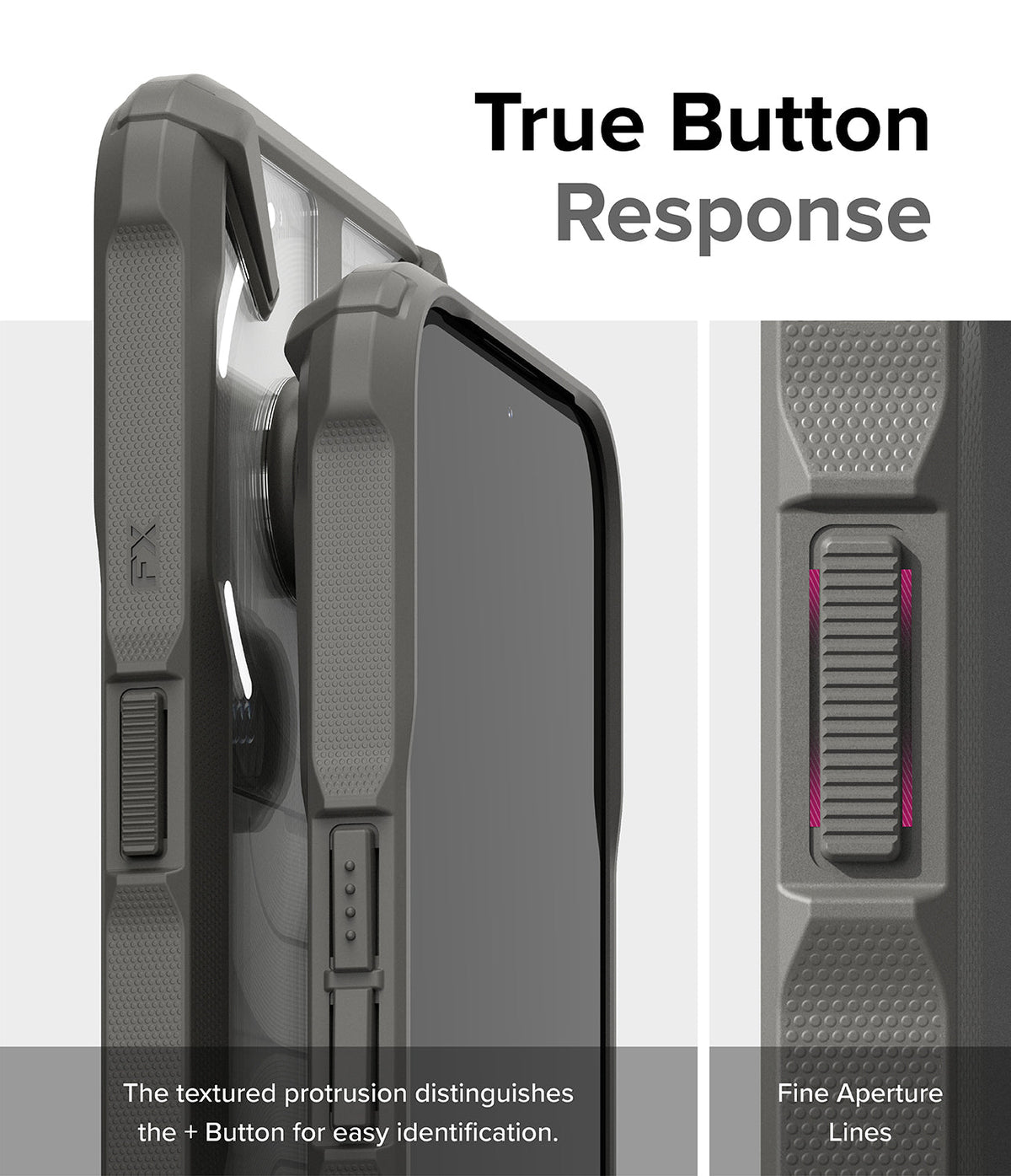 Nothing Phone (2a) / (2a) Plus Case | Fusion-X - Close-up of a grey phone case highlighting textured, responsive buttons.