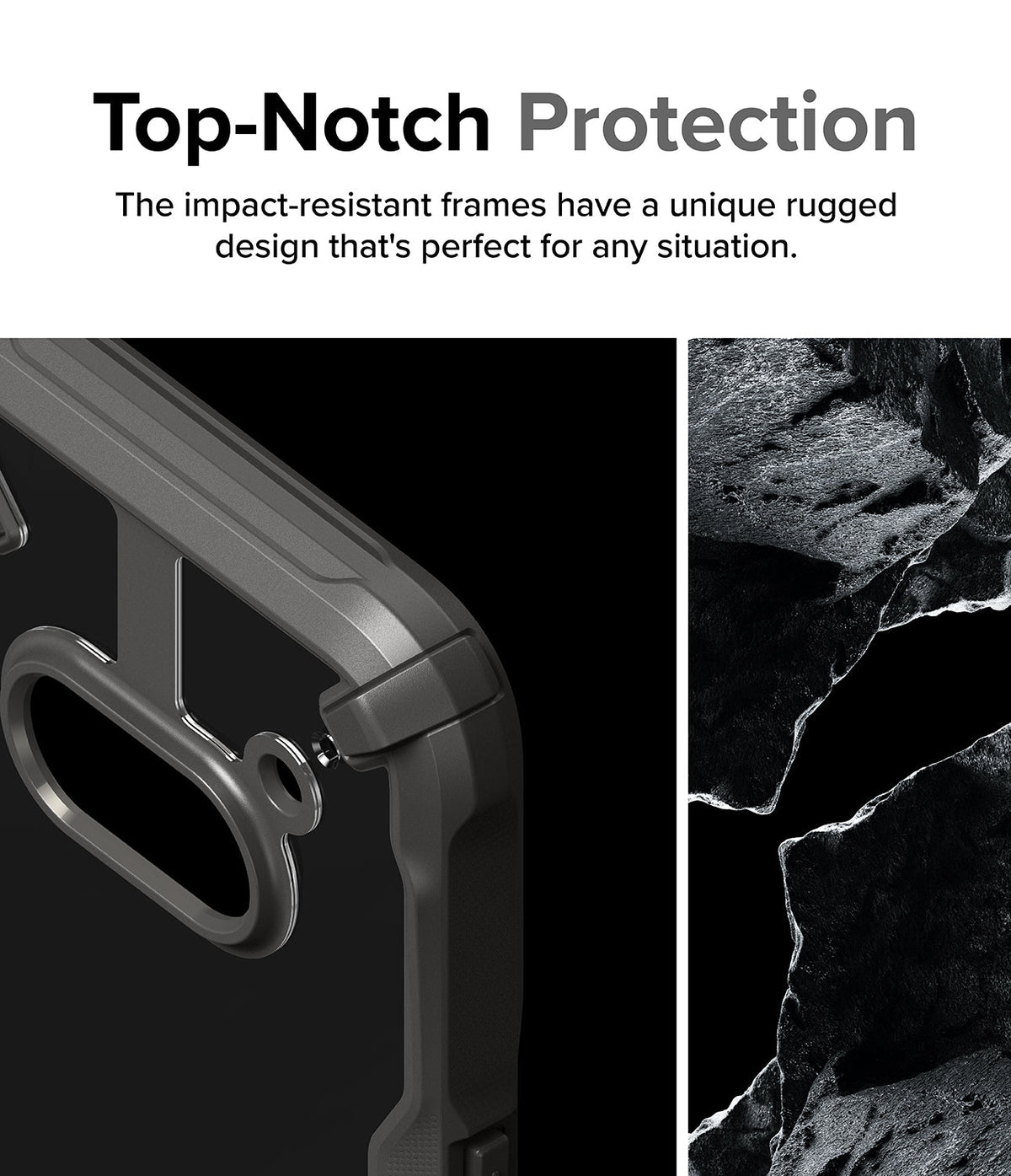 Nothing Phone (2a) / (2a) Plus Case | Fusion-X - Close-up of a rugged gray phone case frame next to a rocky texture.