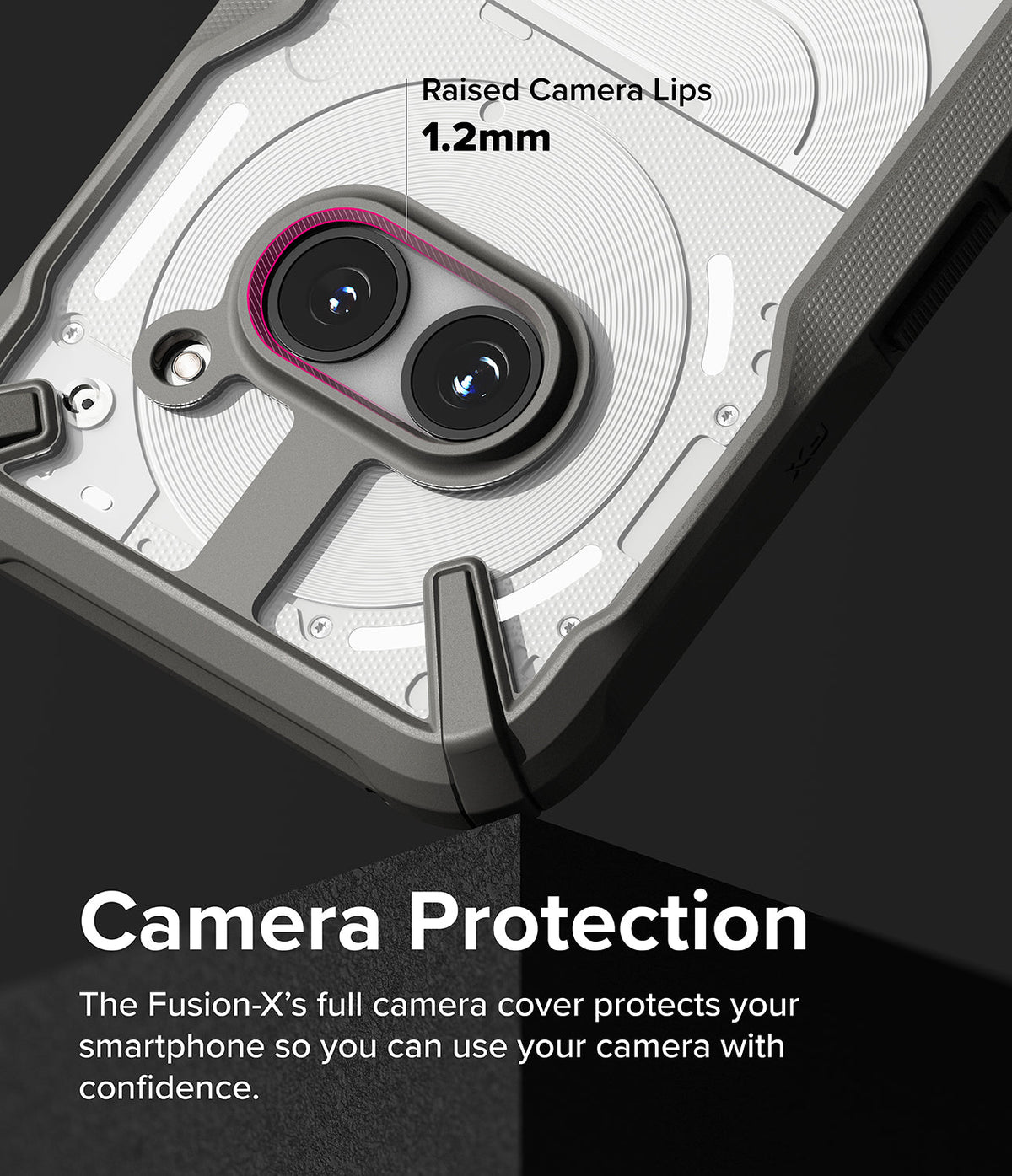 Nothing Phone (2a) / (2a) Plus Case | Fusion-X - Close-up of phone case highlighting 1.2mm raised camera protection.