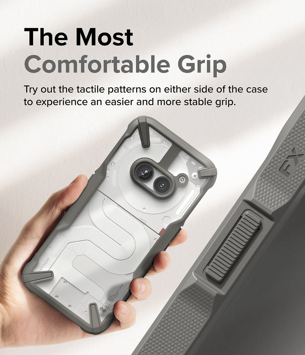 Nothing Phone (2a) / (2a) Plus Case | Fusion-X - Hand holding a grey protective case with tactile side grip patterns.