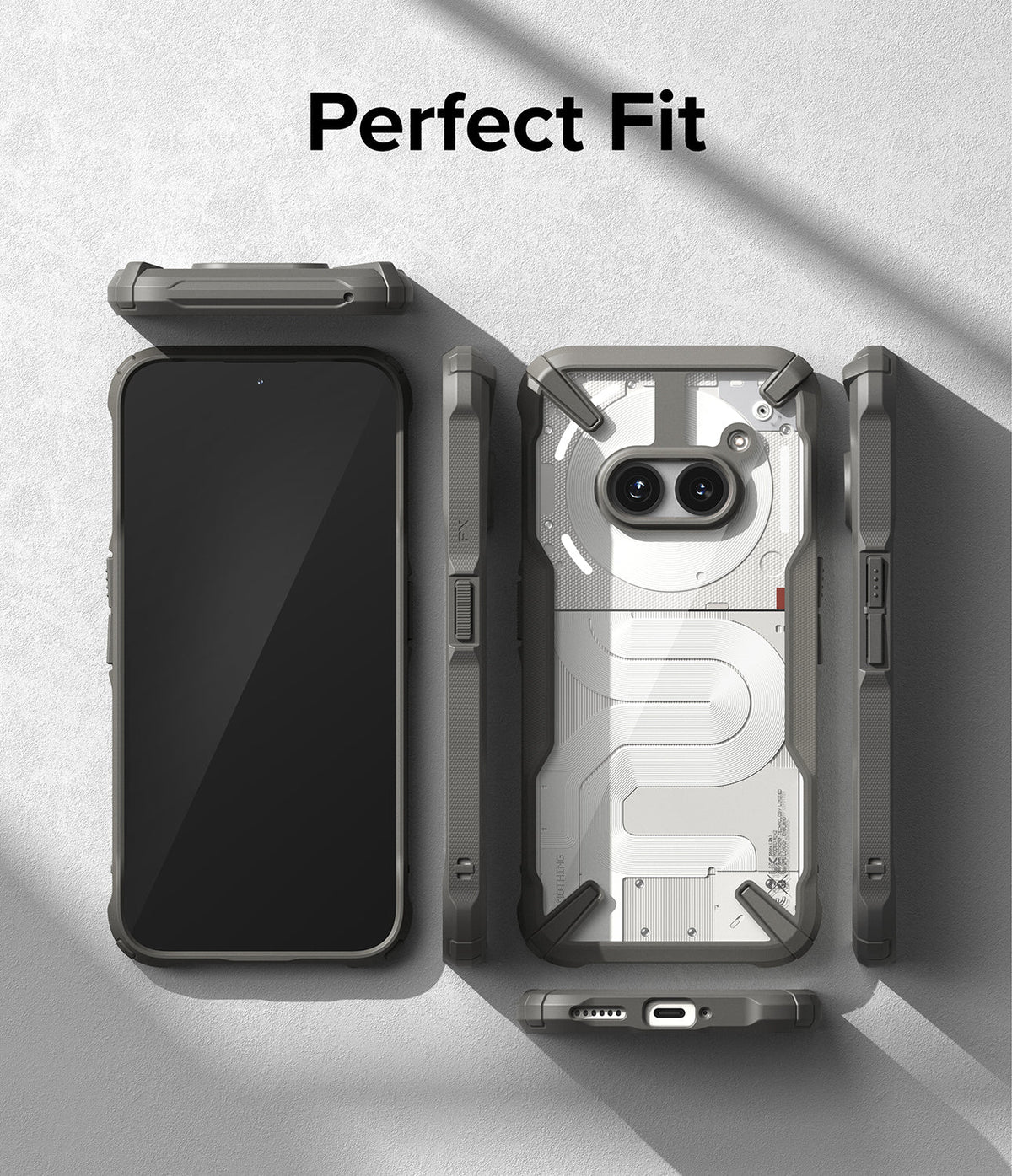 Nothing Phone (2a) / (2a) Plus Case | Fusion-X - Exploded view of a grey rugged phone case around a Nothing Phone.